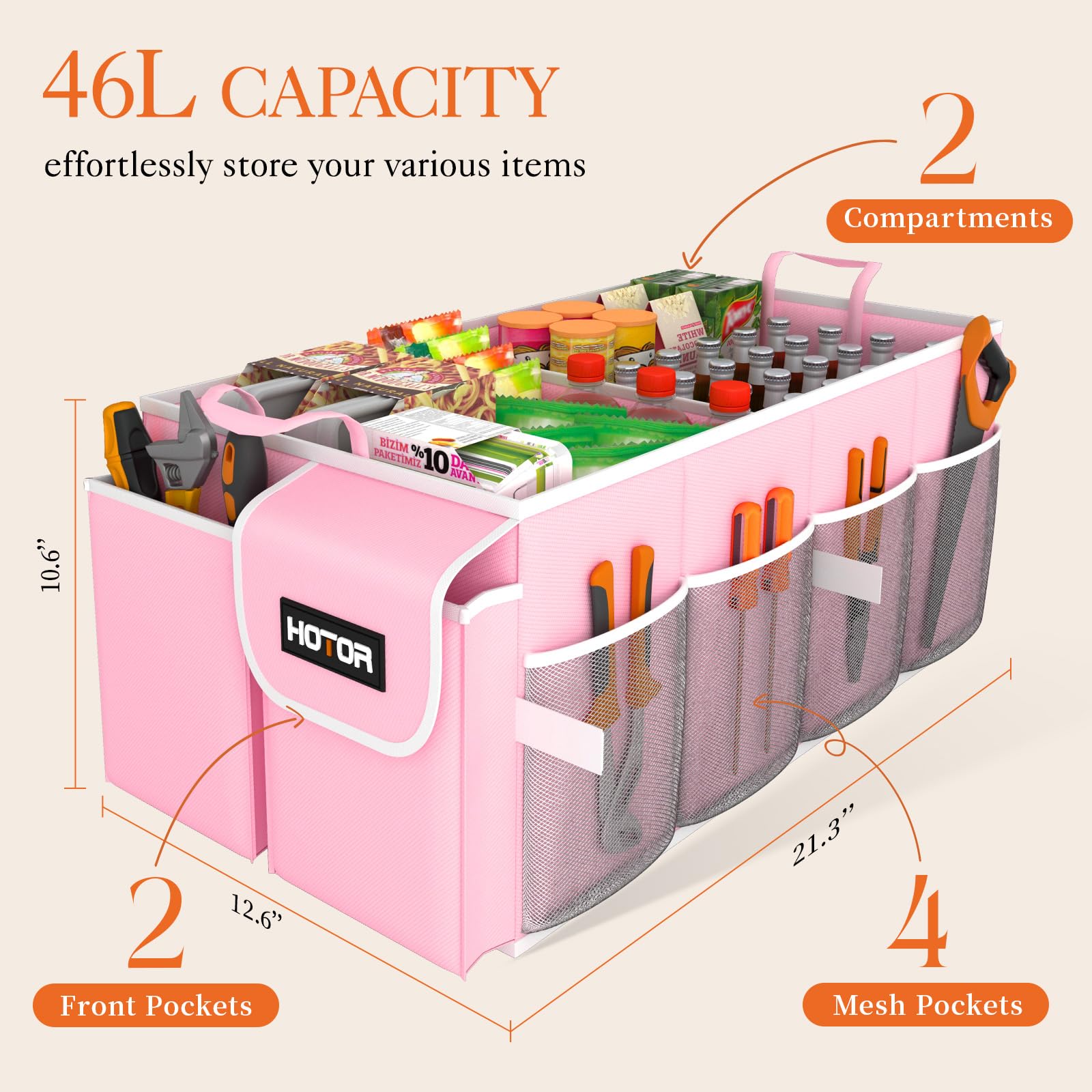 Hotor Foldable Trunk Organizer For Suvs & Sedans, Pink, 2 Compartments, 21.3 ''12.6 ''10.6