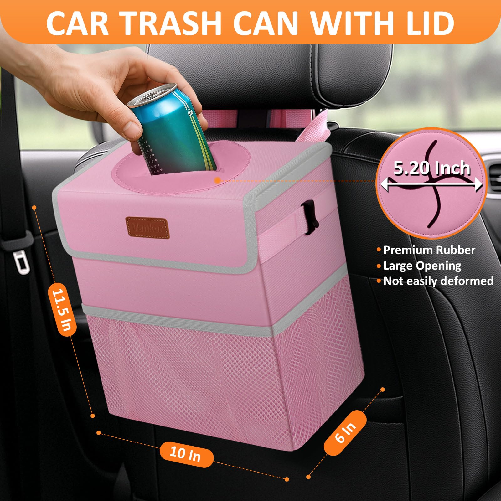 Vankor 3 Gallons Car Trash Can With Lid, Car Trash Bag Bin Hanging Waterproof Automotive Garbage Cans Leak Proof Vehicle Trash C