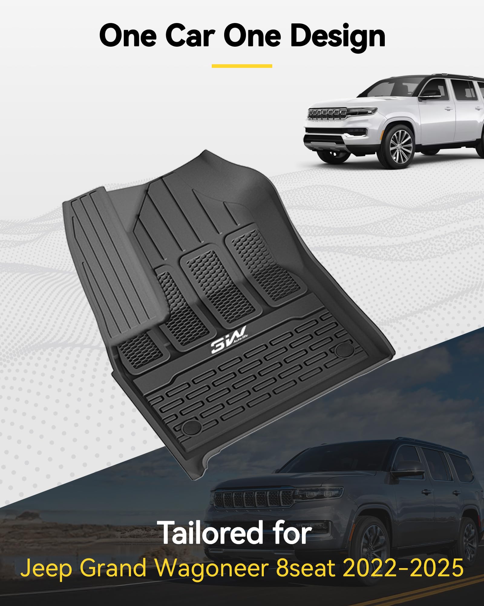 3W Floor Mats Fit For Jeep Grand Wagoneer/Grand Wagoneer L 2022 2023 2024 2025 8 Seat (Not Fit For 7 Seat), All Weather Tpe Floo