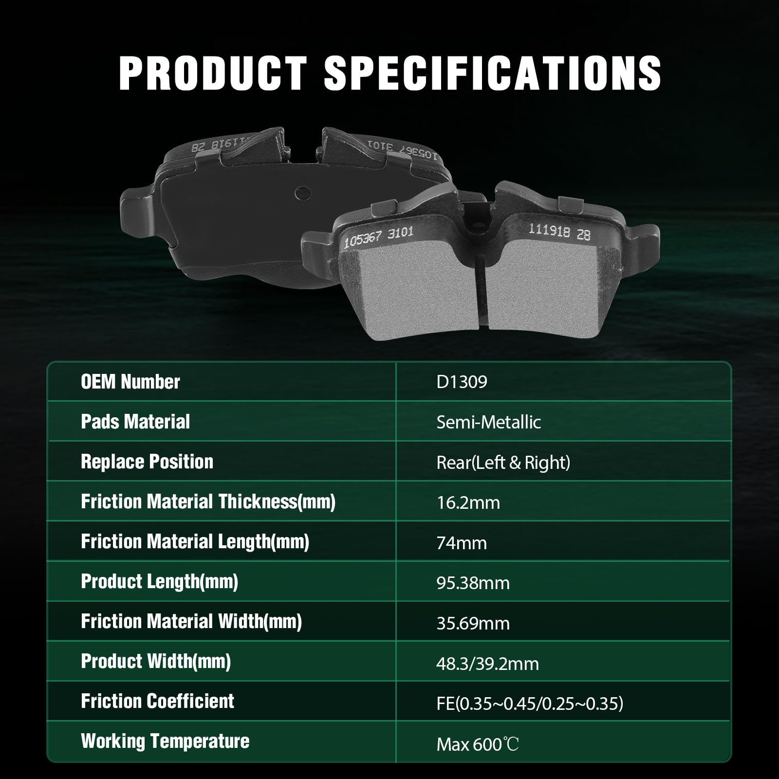 Automuto 4Pcs Rear Semi-Metallic Disc Brake Pads Set D1309 For Mini Cooper 2007-2015