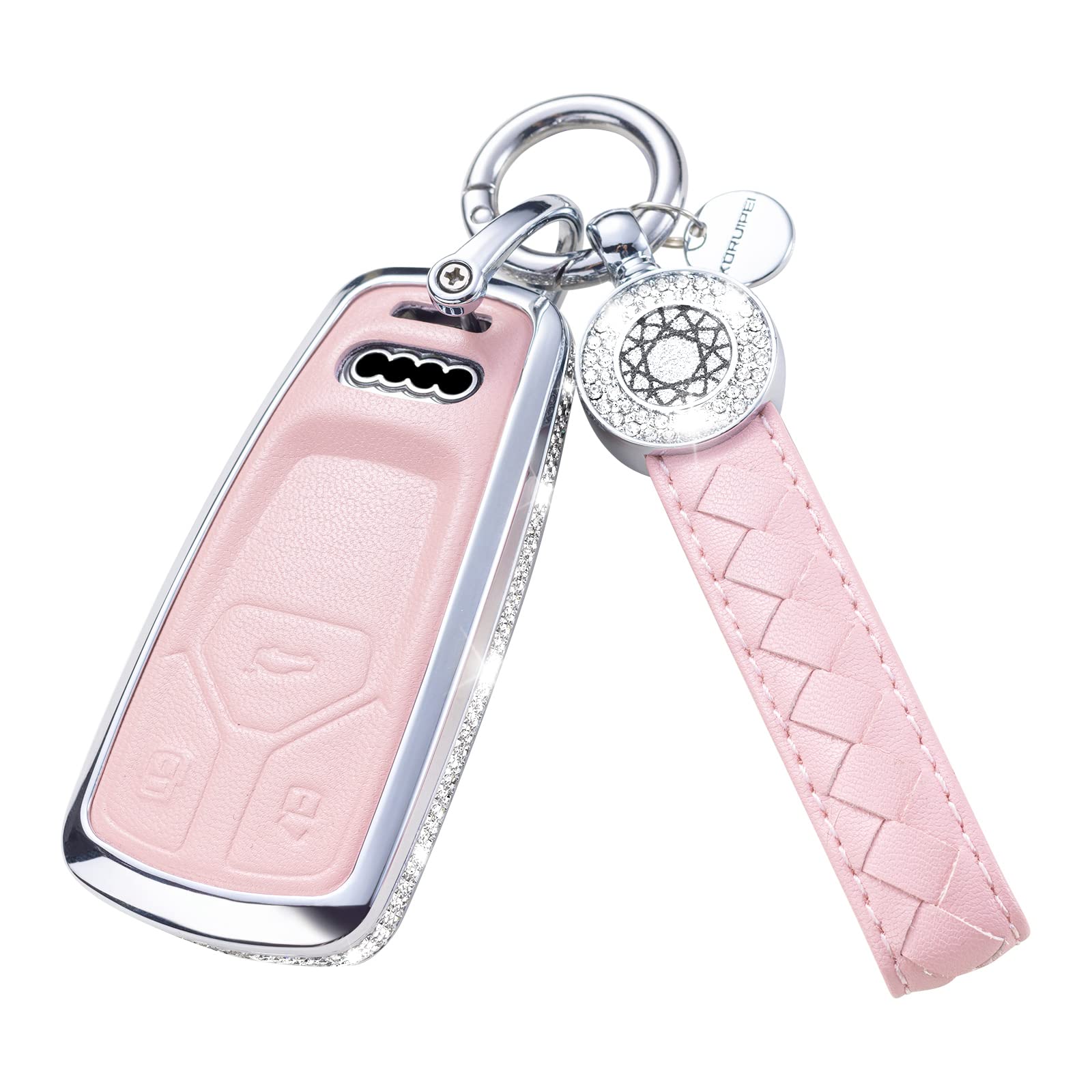 Ruabiban Compatible With Audi Key Fob Cover With Keychain, Pink Genuine Leather Crystal Key Case Protection Shell For A4 Q7 Q5 T
