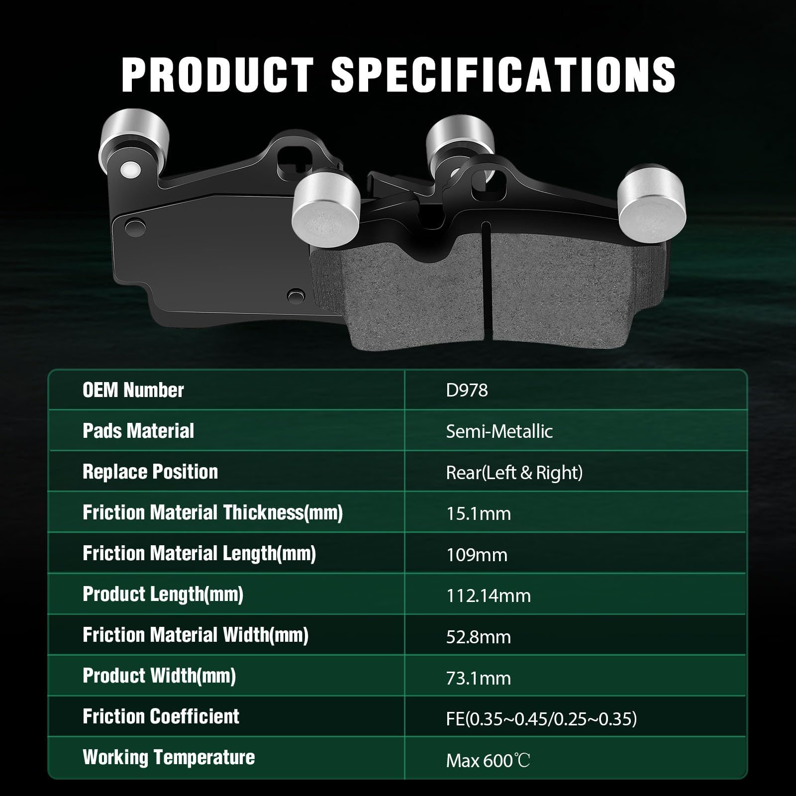 Automuto 4Pcs Rear Semi-Metallic Disc Brake Pads Set D978 For Audi Q7 2007-2015,For Porsche Cayenne 2003-2006 2008-2010,For Volk