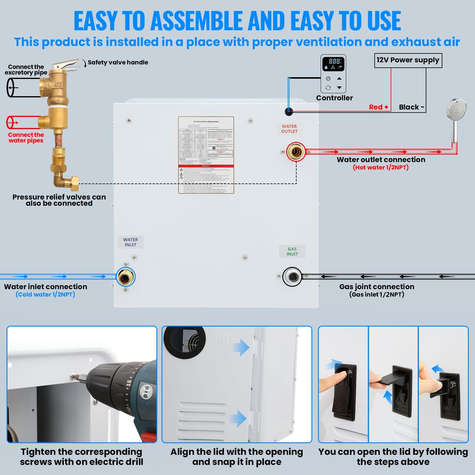 RV Tankless Water Heater,65000 BTU,3.9 GPM High Efficiency RV Constant Propane Tankless Water Heater, DC 12V Power, Multi-Protec