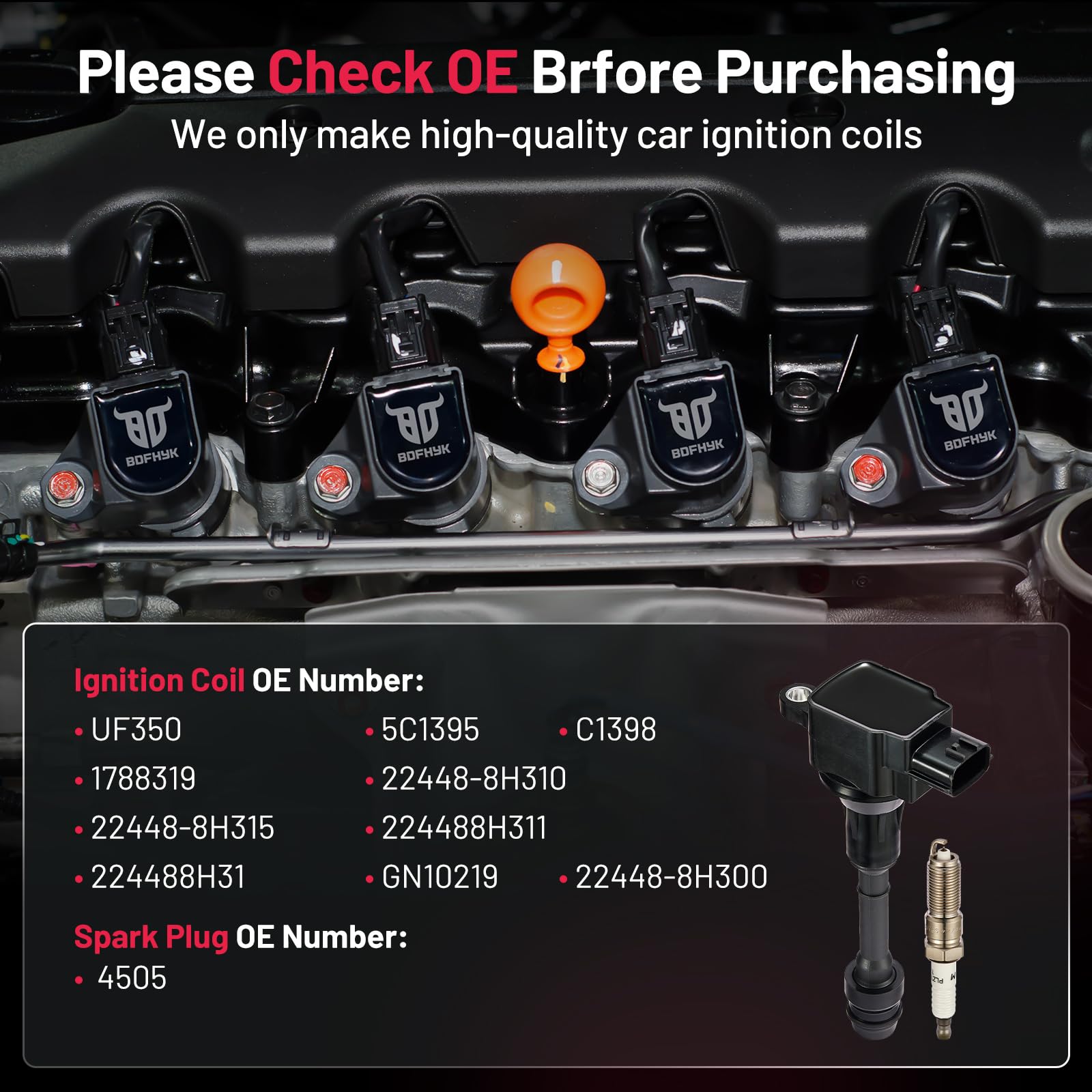 Bdfhyk Ignition Coil Pack Uf350 And Iridium Spark Plugs 4505 Compatible With 2002-2006 Nissan Altima 2002-2006 Nissan Sentra L4