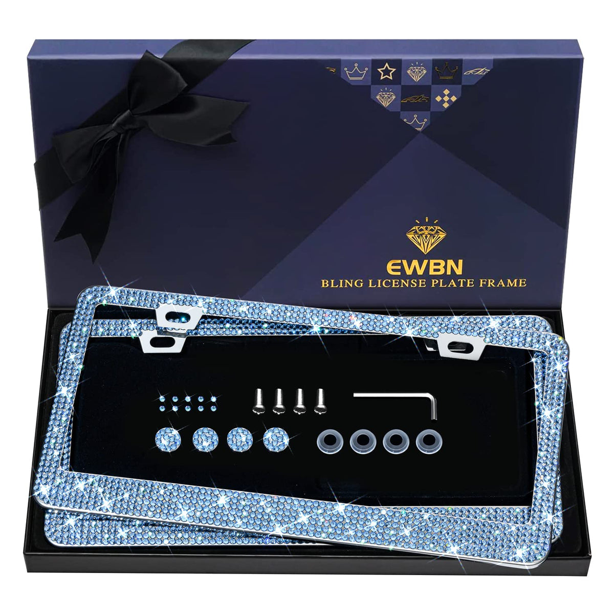 Bling Rhinestone License Plate Frame For Women 2Pc, Sparkly License Plate Frames| Stainless Steel Frames & Over 1200 Pcs Finest 14 Facets Glass Crystals Premium Diamond (Light Blue)