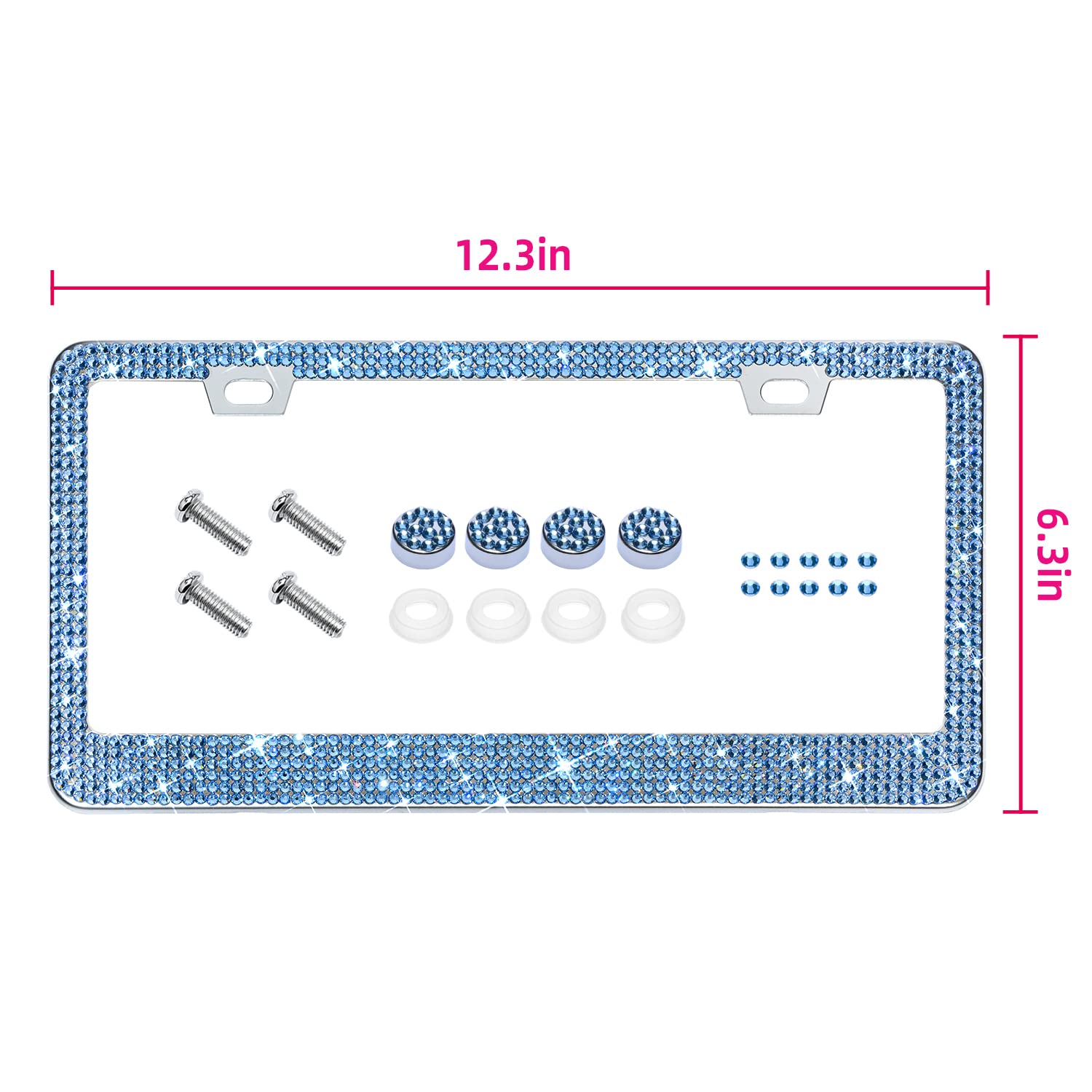 Bling Rhinestone License Plate Frame For Women 2Pc, Sparkly License Plate Frames| Stainless Steel Frames & Over 1200 Pcs Finest 14 Facets Glass Crystals Premium Diamond (Light Blue)