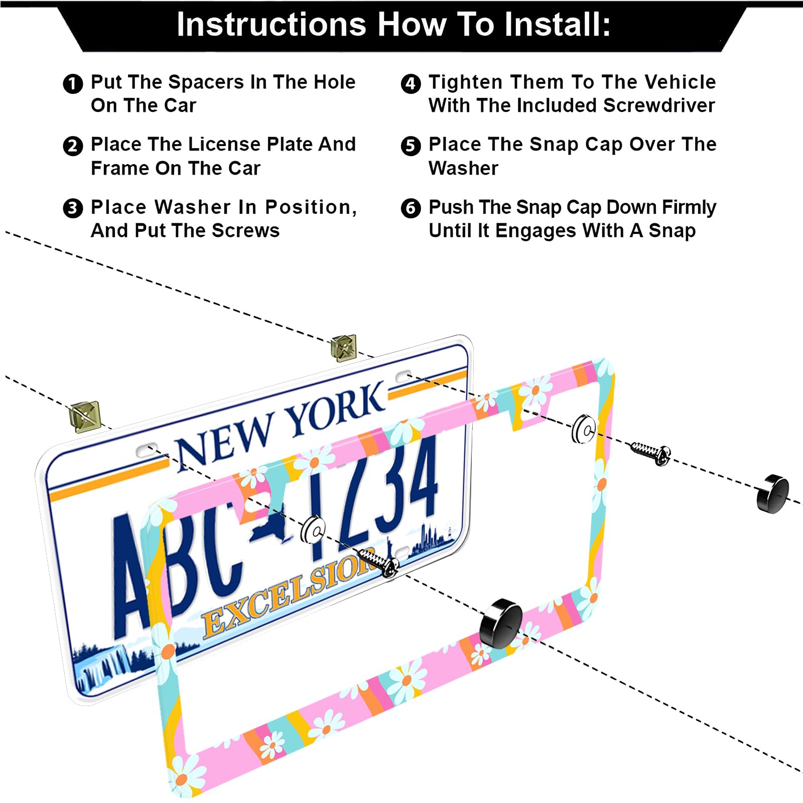 Summer Daisy Flowers Waves License Plate Frames, 2 Pack Summer Daisy Car Plate Frame, Stainless Steel License Plate Holders Cove