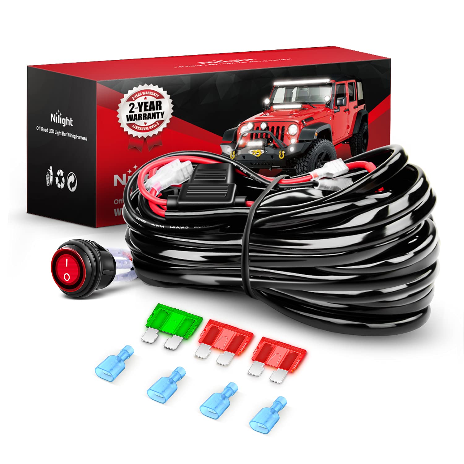 Nilight Led Light Bar Wiring Harness Kit - 2 Leads 12Awg Heavy Duty 12V On Off Switch Power Relay Blade Fuse For Off Road Led Wo