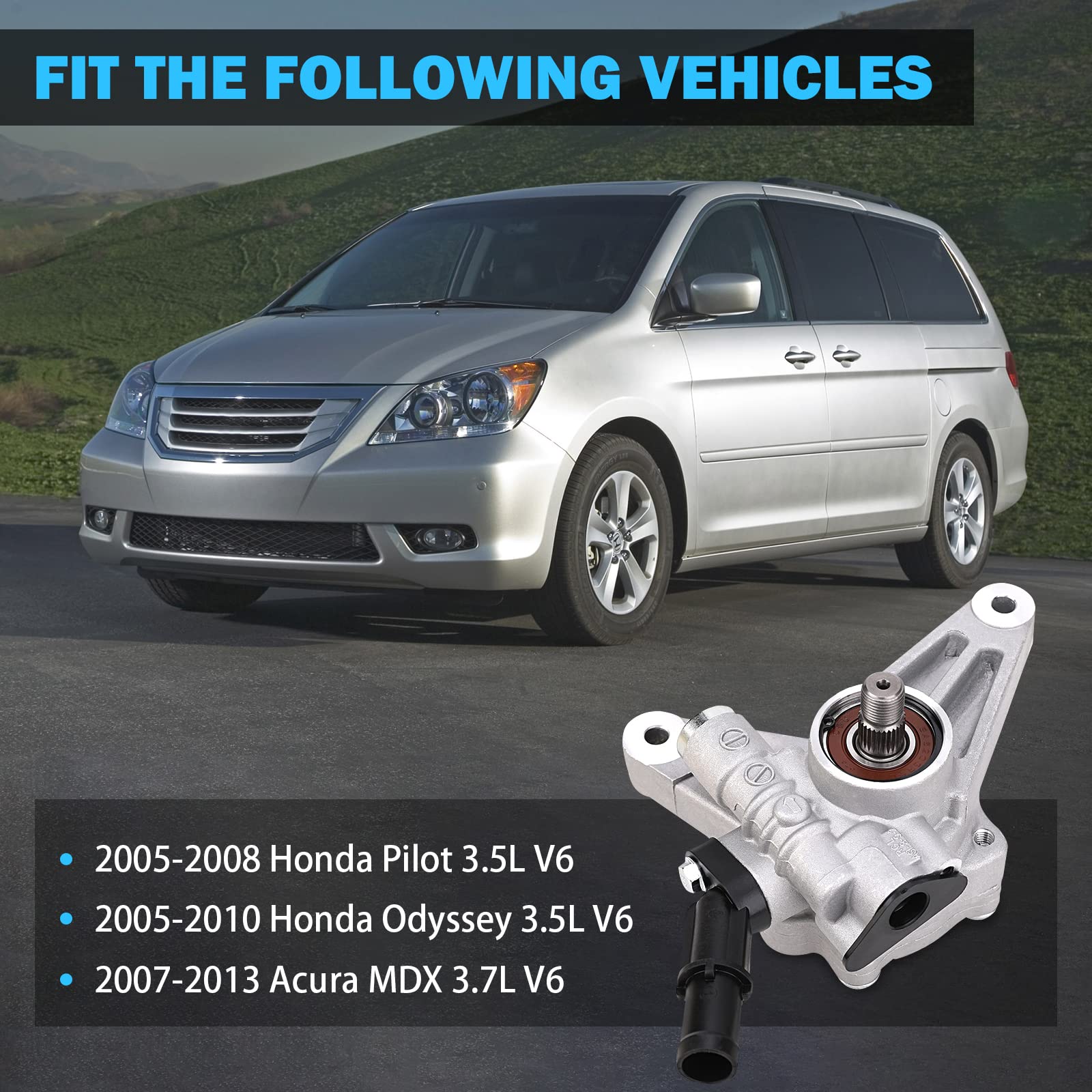 Power Steering Pump Compatible With 2005-2008 Honda Pilot 3.5L, 2005-2010 Honda Odyssey 3.5L, 2007-2013 Acura Mdx 3.7L - Replace 21-5442, 56110-Rgl-A03, 56110-Pvj-A01 - Power Assist Pump Assembly