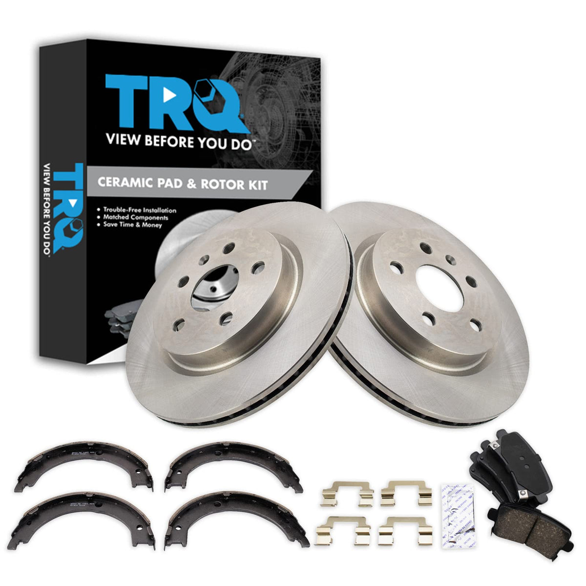 Trq Rear Brake Pad & Rotor Kit Brake Pads Brake Rotor Parking Brake Shoe Set Ceramic Compatible With 2013-2019 Cadillac Xts
