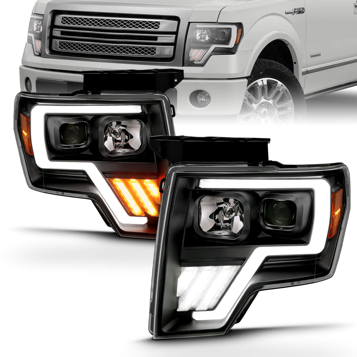 Amerilite Replacement Headlights Switchback Led, Halogen, Tube Quad Projector Set For 2009-2014 Ford F150 - Passenger And Driver
