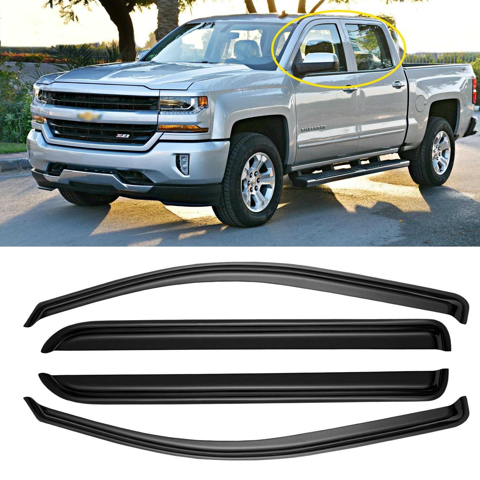 Window Rain Guards for 2014-2018 Chevy Silverado/GMC Sierra 1500 Crew Cab & 15-19 Silverado/Sierra 2500HD 3500HD, Window Visor V