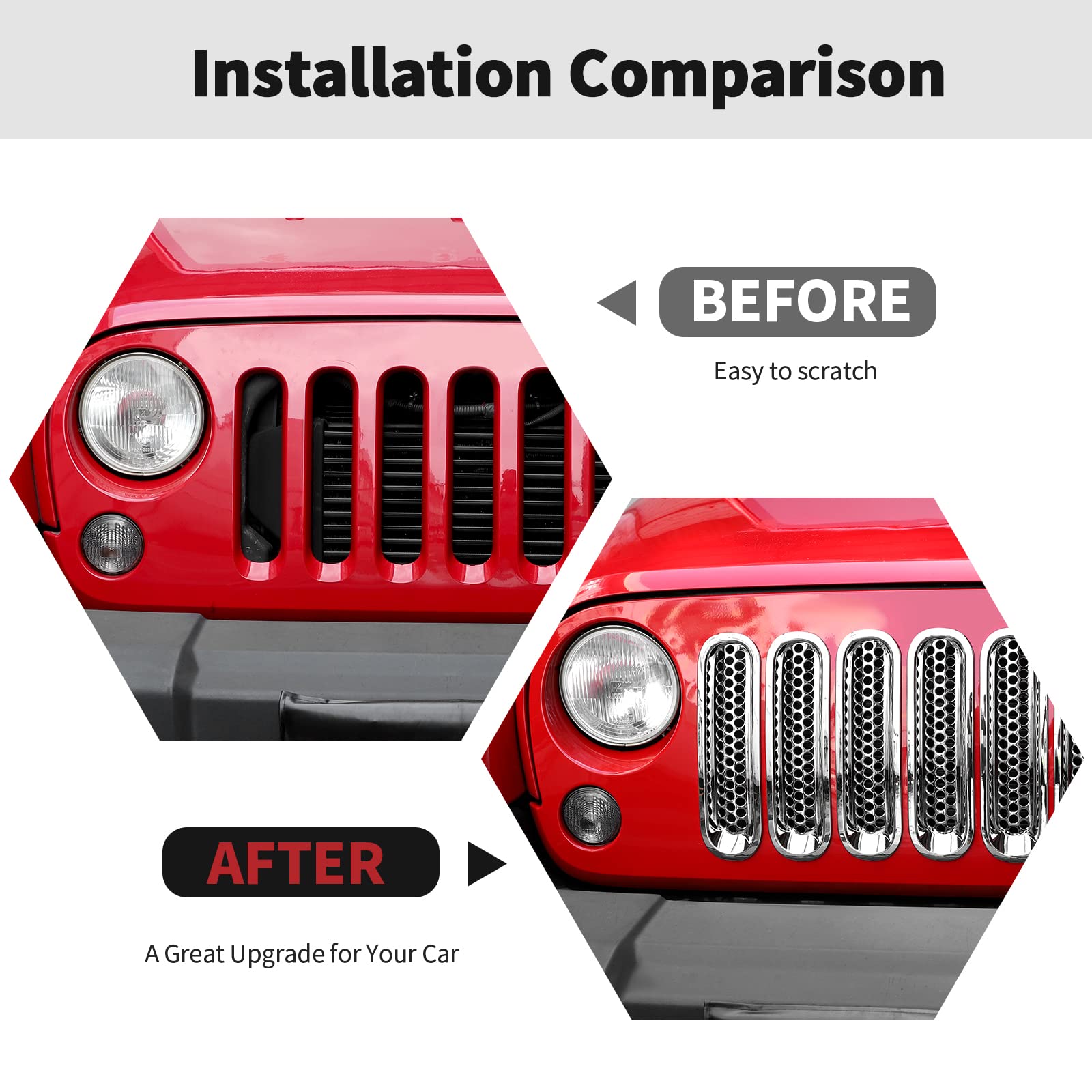 Rt-Tcz Upgrade Version Clip-On Grille Front Mesh Grille Inserts For Jeep Wrangler 2007-2015 (Chrome)