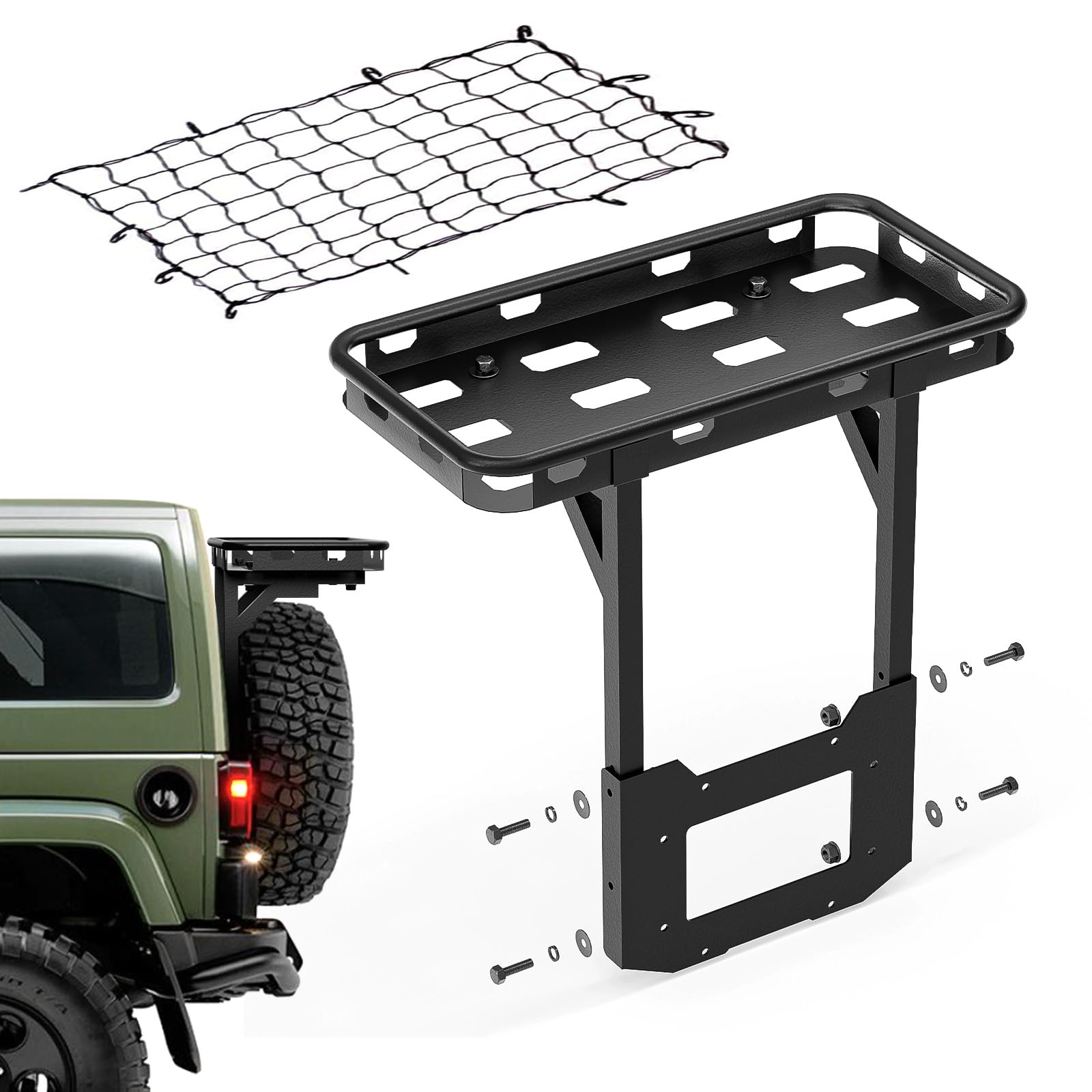 XOOKUN Rear Tailgate Cargo Basket Compatible with 2007-2018 Jeep Wrangler JKJKU Unlimited 2/4 Door, Spare Tire Cargo Rack, Lugga