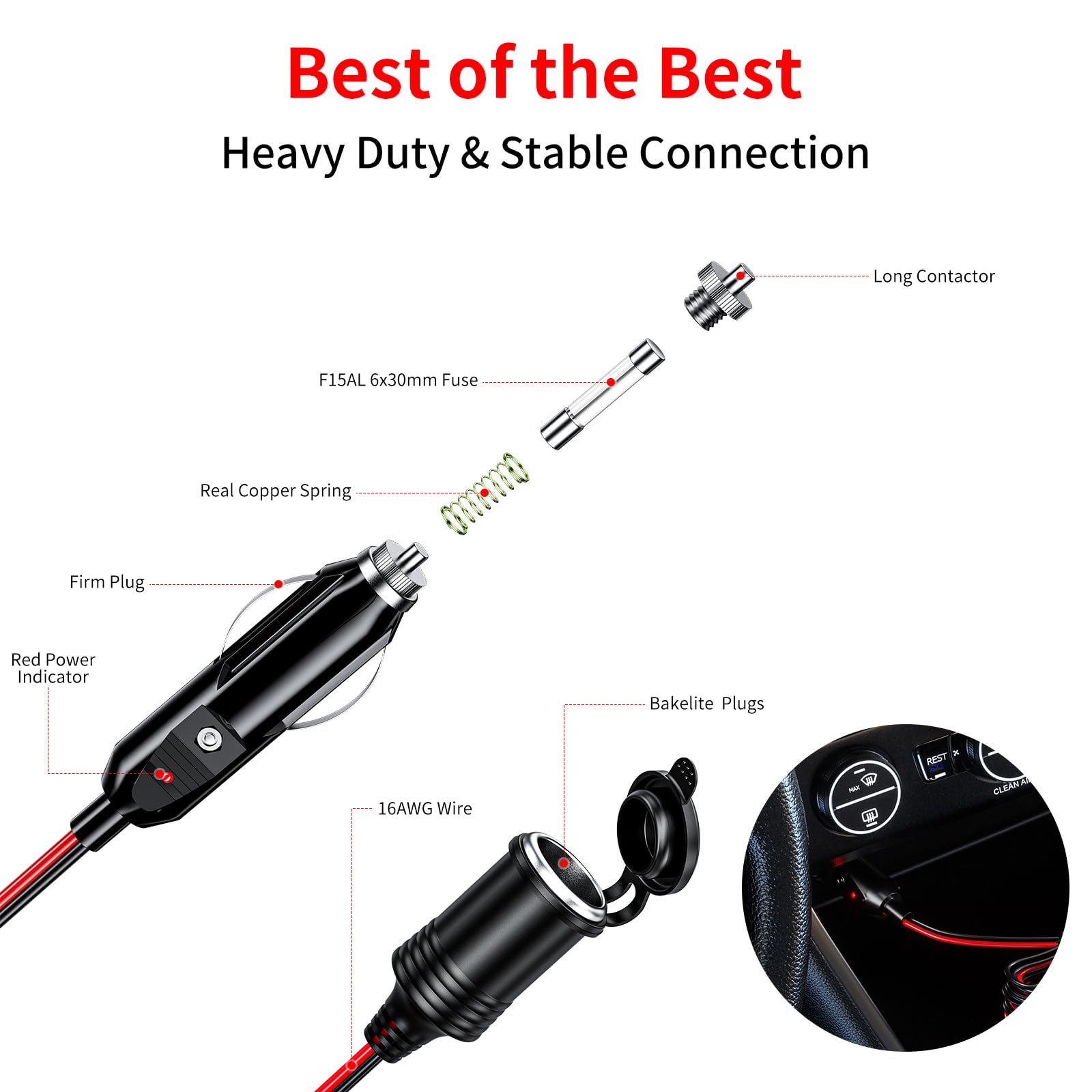 KEWIG 12/24V Car Cigarette Lighter Extension Cord - 26FT Cigarette Lighter Plug Cable- 16AWG Heavy Duty Extension Cable with 15A