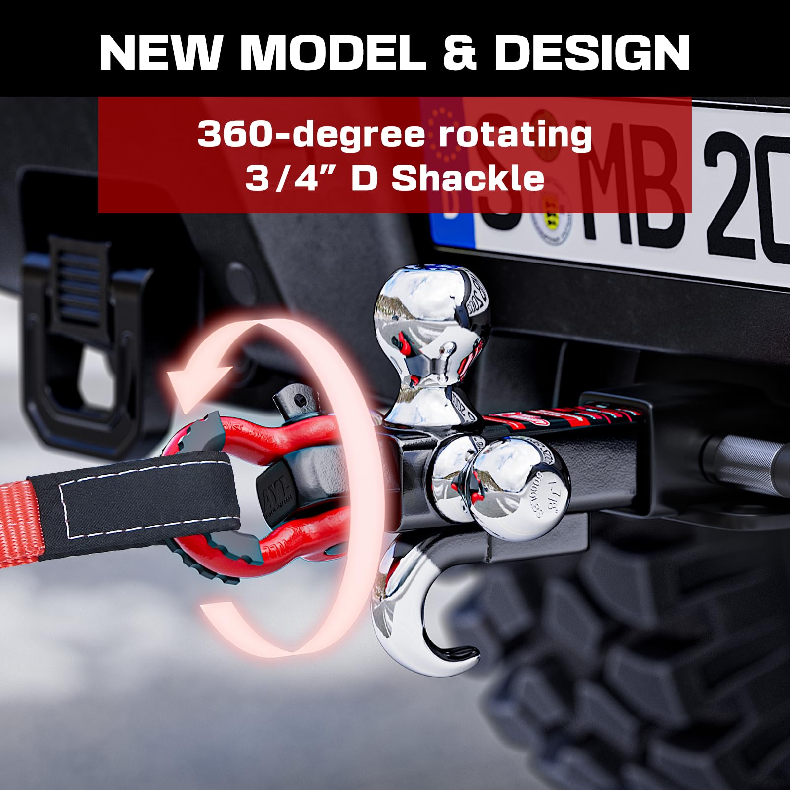 Ayleid Tri-Ball Hitch Mount with Hook & Lock, Fits 2-in Receiver, Includes 1-7/8", 2", 2-5/16" Balls, B-With