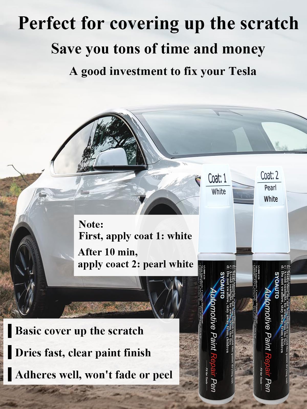 SYOAUTO Touch up Paint Pearl White Fit for Tesla Model Y 3 X S Tesla Model Paint Repair kit Tesla Paint Pen Tip and Brush 2 in 1