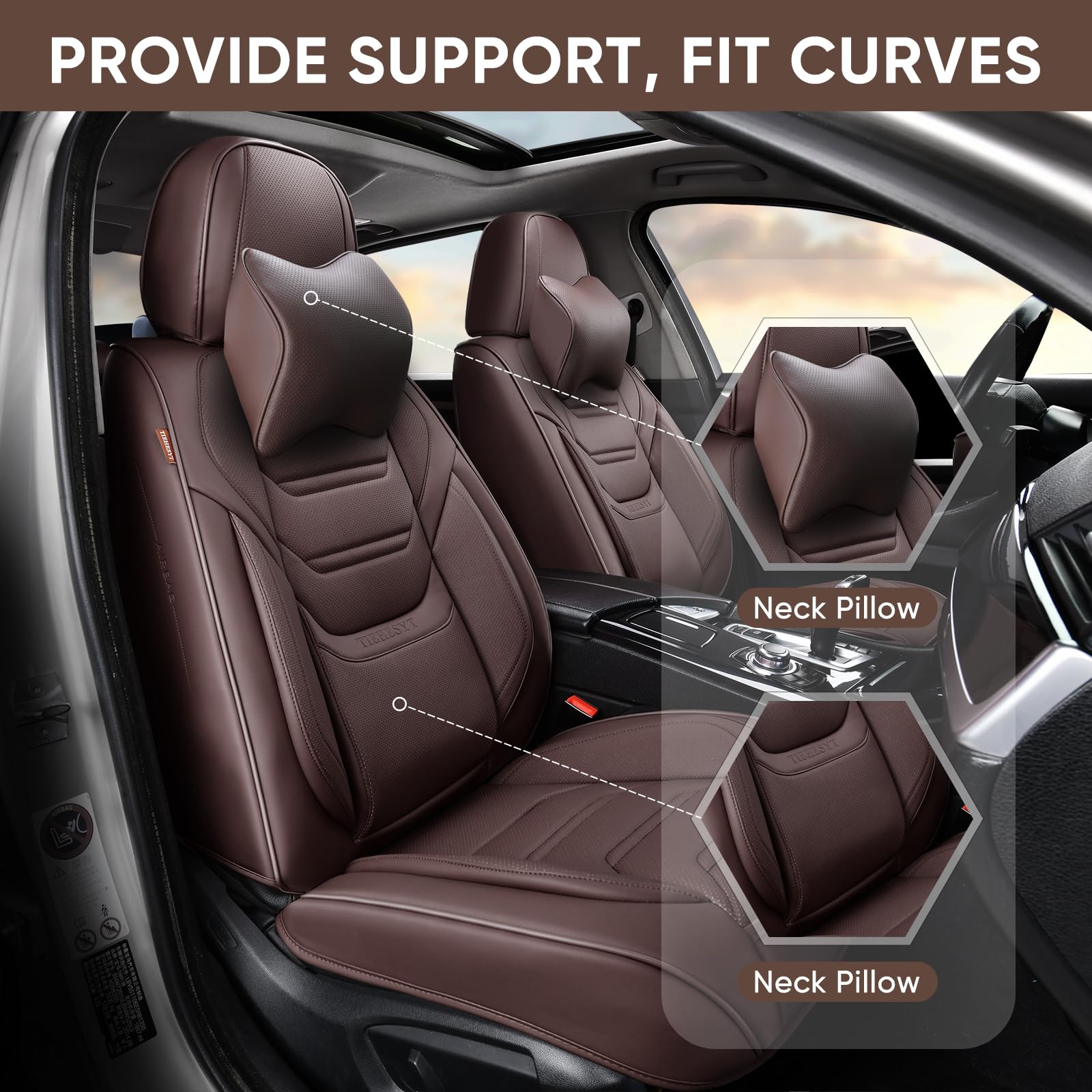 Tiehesyt Coffee Car Seat Covers Full Set, Breathable Leather Automotive Front And Rear Seat Covers With Headrest, Car Seat Prote