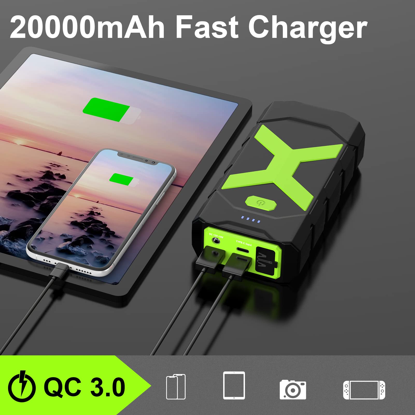 2000A Car Jump Starter Battery Pack 20000mAh 12V Lithium Battery Jumper Starter Portable with QC 3.0,PD 18 W Fast Charging,16V/1