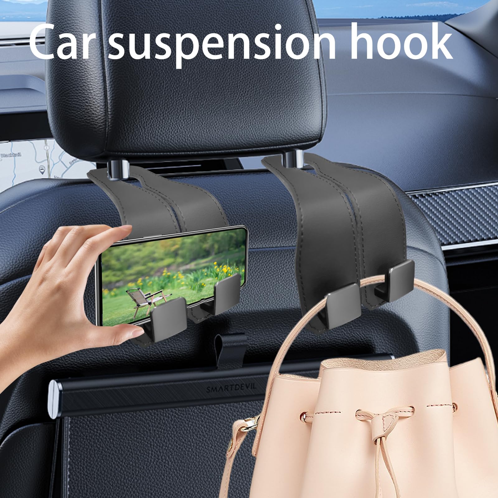 Canipha 2Pcs Car Seat Back Storage Hook, Full Leather Car Headrest Purse Hooks Hang Cups, Umbrellas, Key Chains, Bendable Headre