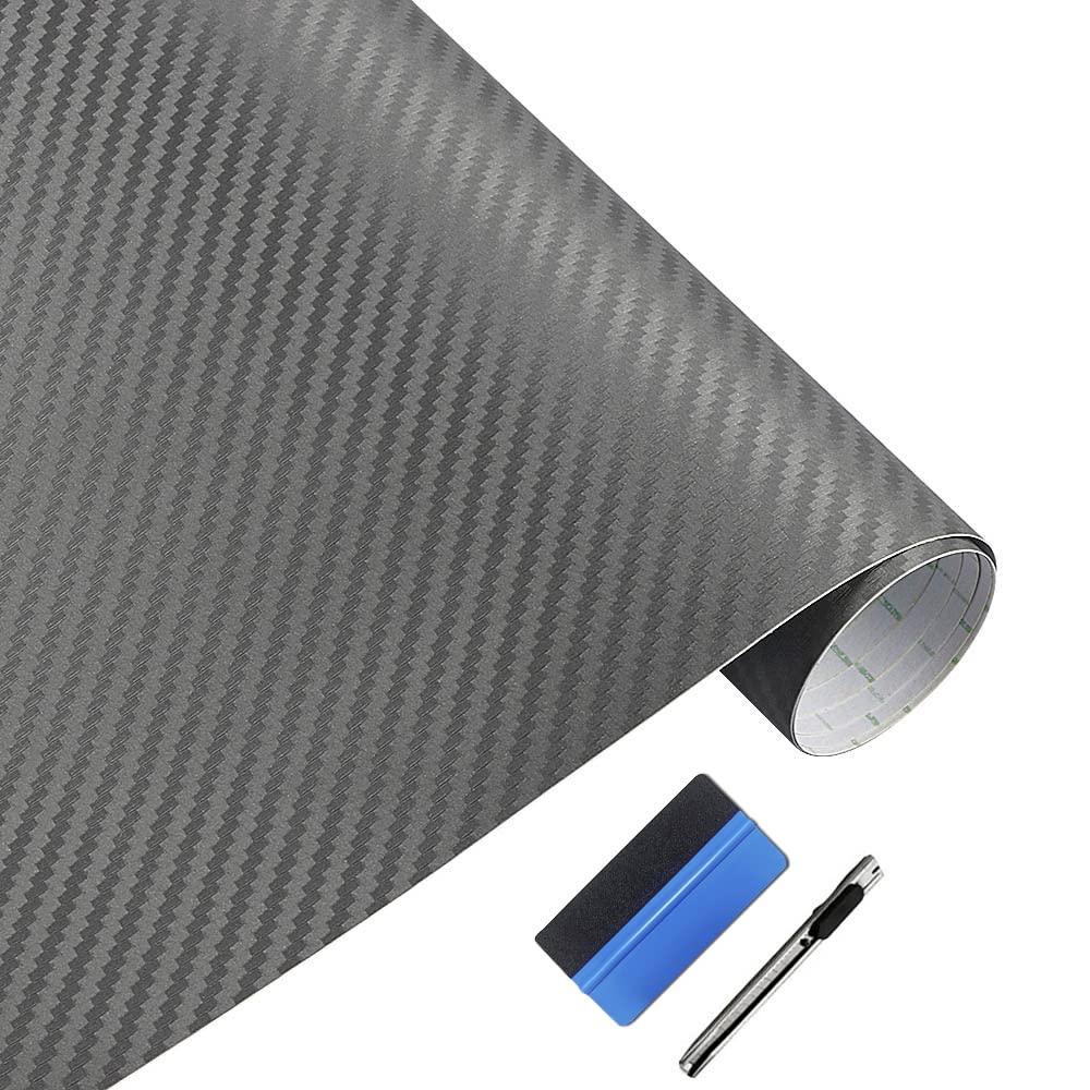 Lzlrun 3D Carbon Fiber Vinyl Wrap Roll With Air Release Bubble Free Adhesive Film - Come With Knife + Hand Tool (Gray, 1.5Ft X 5Ft)