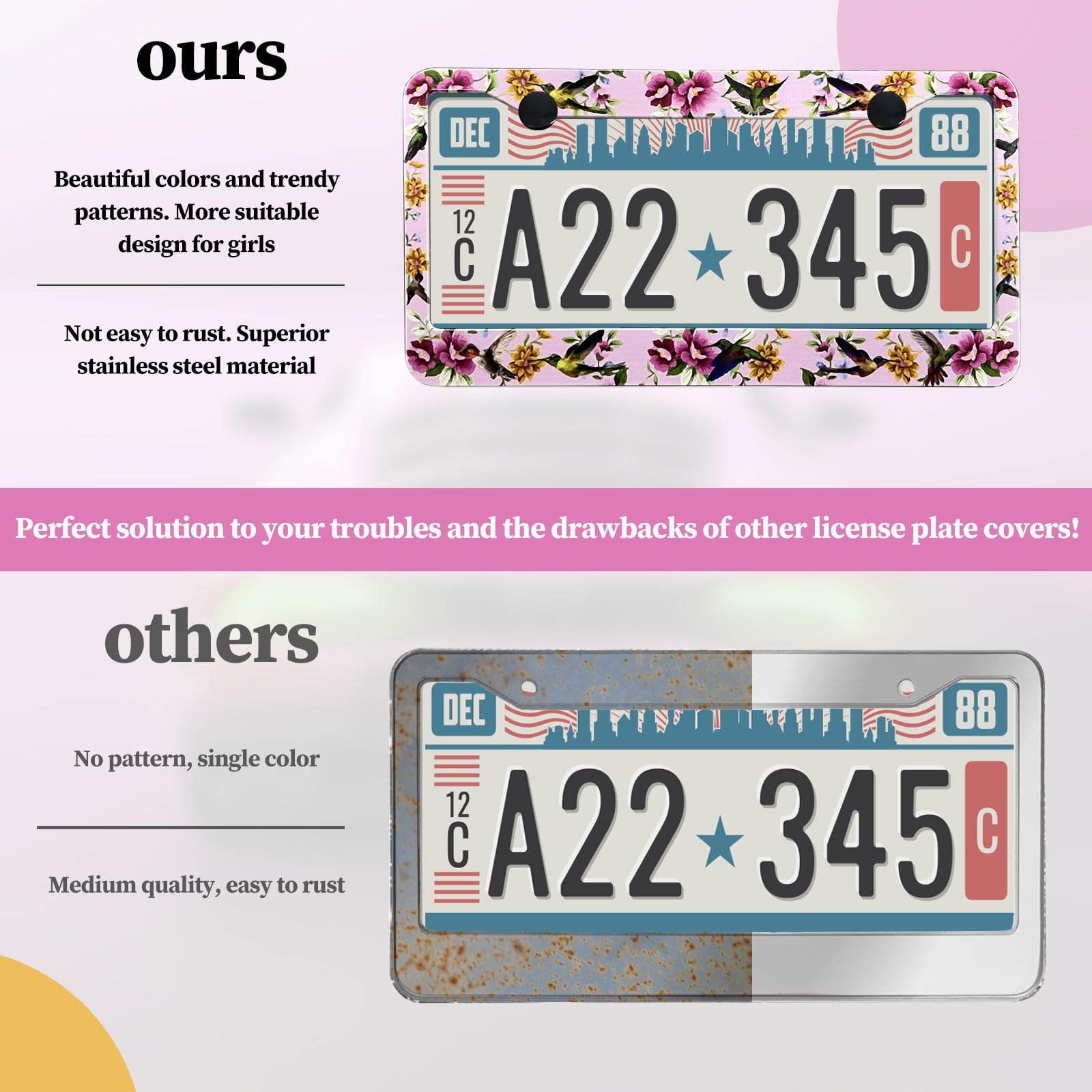 LIN KANG Florals Hummingbird License Plate Frames - 2 Pack Personalise Pink Car Plate Frame Universal Accessories Aluminum Car T