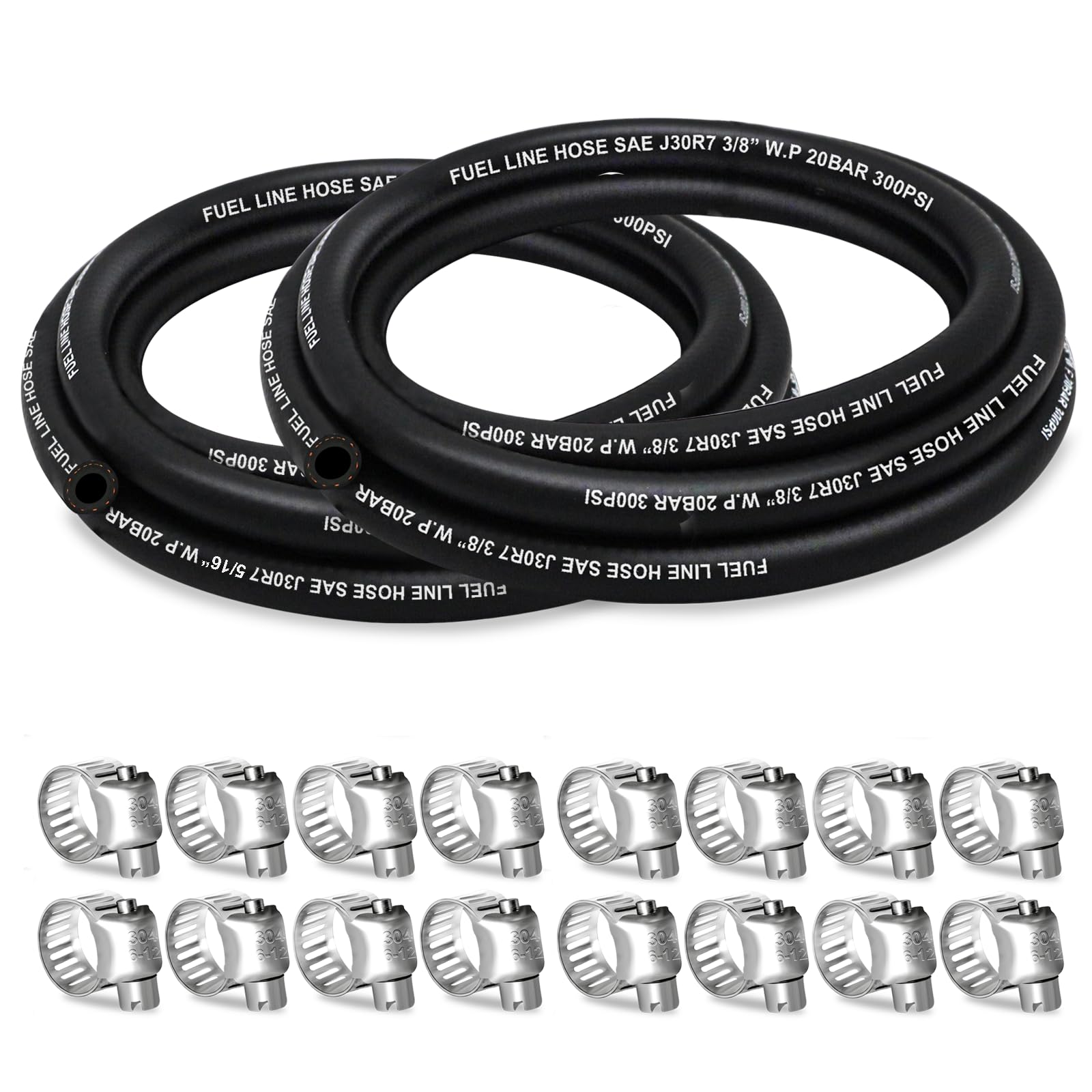 HOUSUN Fuel Line 5/16 3/8 Inch ID, Fuel Hose 10FT 300PSI High-Pressure with 20 Clamps., J30R7 Fuel Line Hose NBR.