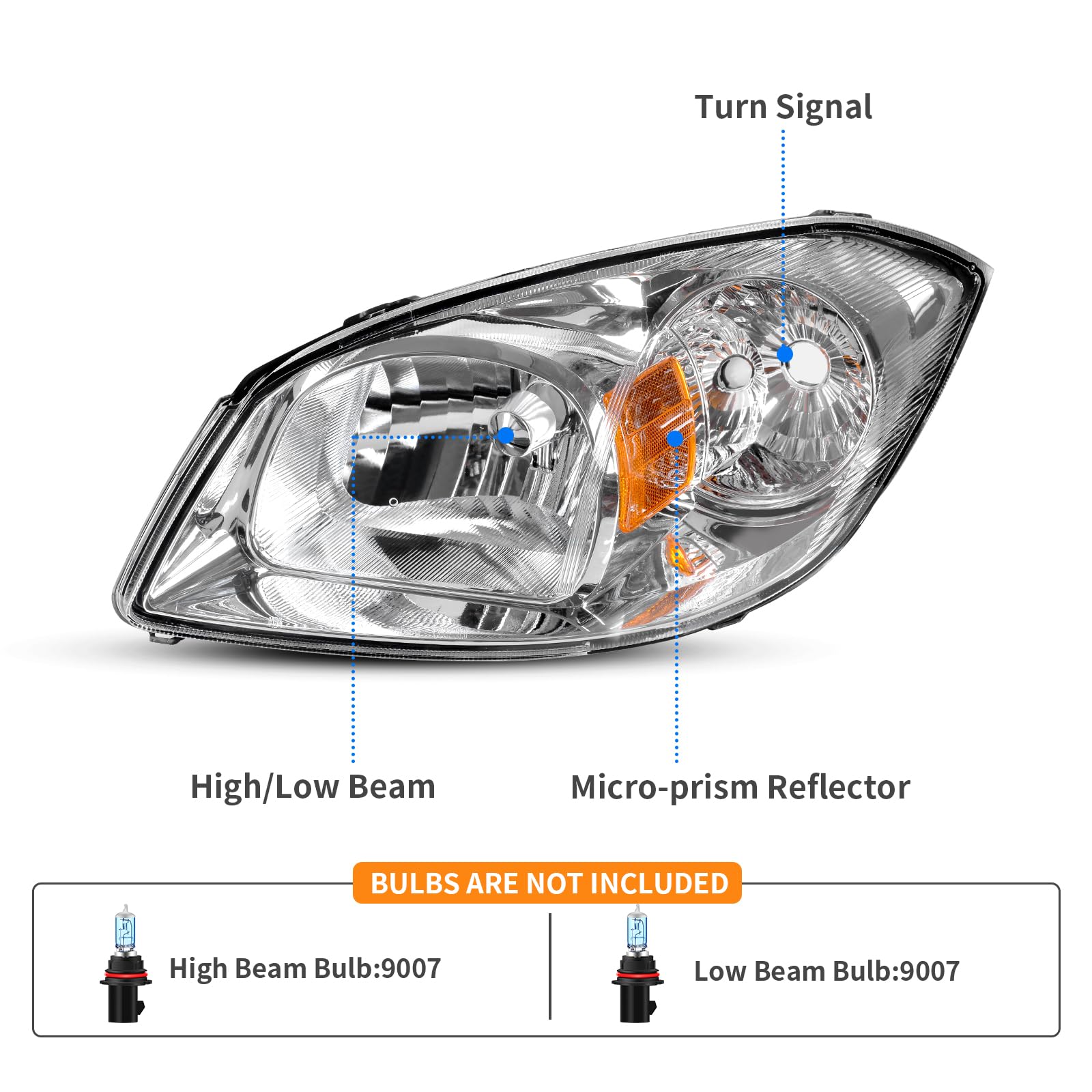Dwvo Headlight Assembly Compatible With 05-10 Chevy Cobalt/05-06 Pursuit/07-09 Pontiac G5 Chrome Housing Amber Reflector Driver