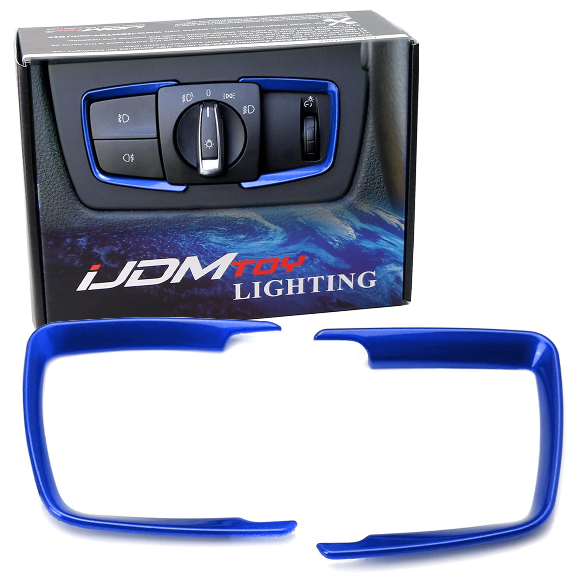 Ijdmtoy 2Pc Blue Light Switch Surrounding Decorative Trims Compatible With Bmw 2 3 4 Series X5 X6 (F22 F30 F31 F32 F33 F15 F16)