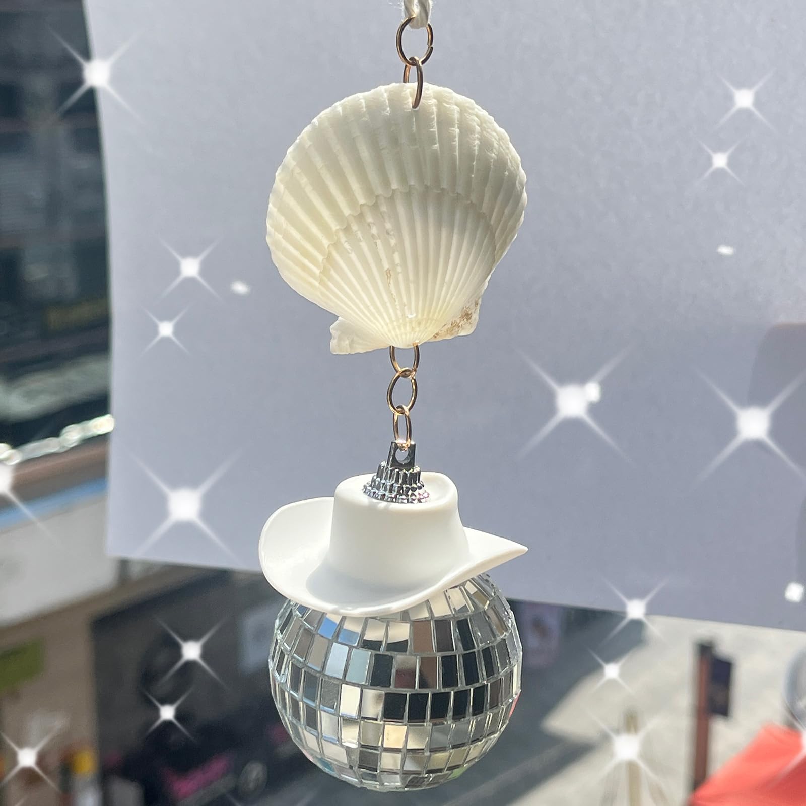 Spansee Beachy Decor Car, Disco Ball Car Mirror Ornament, Shell Decor, Seashell Charm, Coastal Cowgirl For Rear View Mirror, Cowboy Hat Accessory