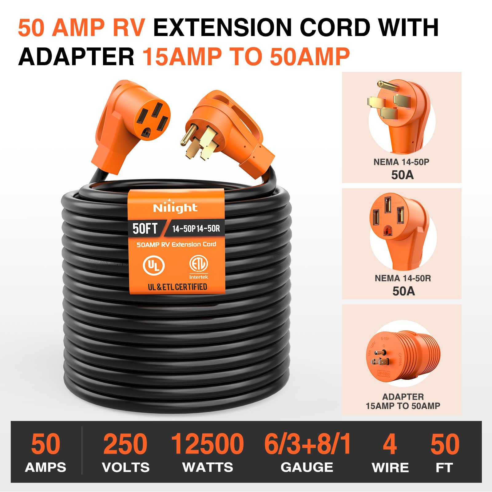 Nilight 50Ft 50 Amp Rv Extension Cord With Adapter 15Amp To 50Amp 250V Heavy Duty 6/3+8/1 Gauge Pure Copper Stw Wire Ul Etl List