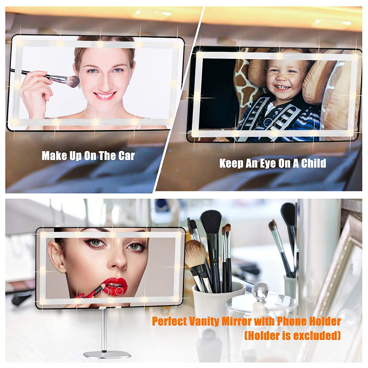 Car Sun Visor Vanity Mirror, Makeup Mirror With 3 Light Modes & 60 Leds Rechargeable Led Light Car Mirror With Dimmable Touch Sc