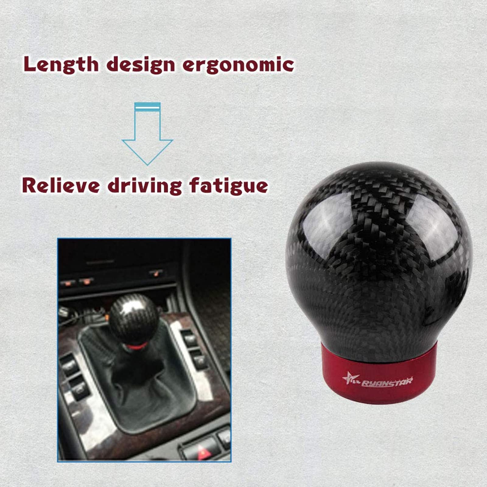 Ryanstar Carbon Fiber Shift Knob Round Ball Racing Gear Shift Shifter Knob, Head Manual Car With 8Mm/10Mm/11Mm Adapter