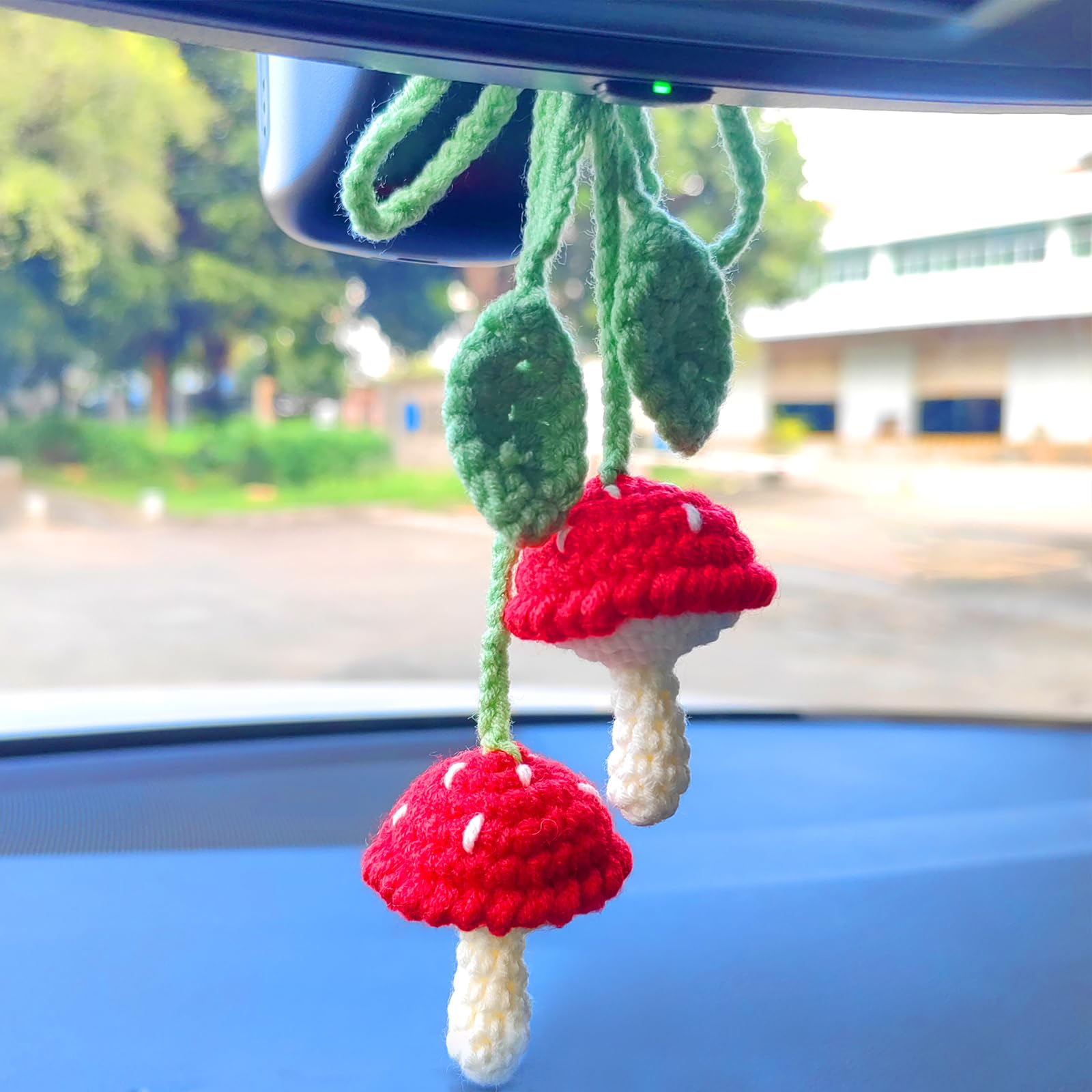 Mushroom Car Accessories, (Glue Free) Safe Crochet Car Mirror Hanging Accessories, Cute Crochet Car Accessories For Women, Rear View Mirror Accessories Car Hanging Ornament, Bag Charms