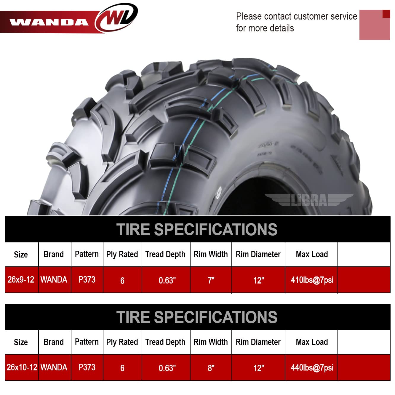 Wanda Set Of 4 Atv/Utv Tires 26X9-12 Front & 26X10-12 Rear /6Pr P373-10257/10259