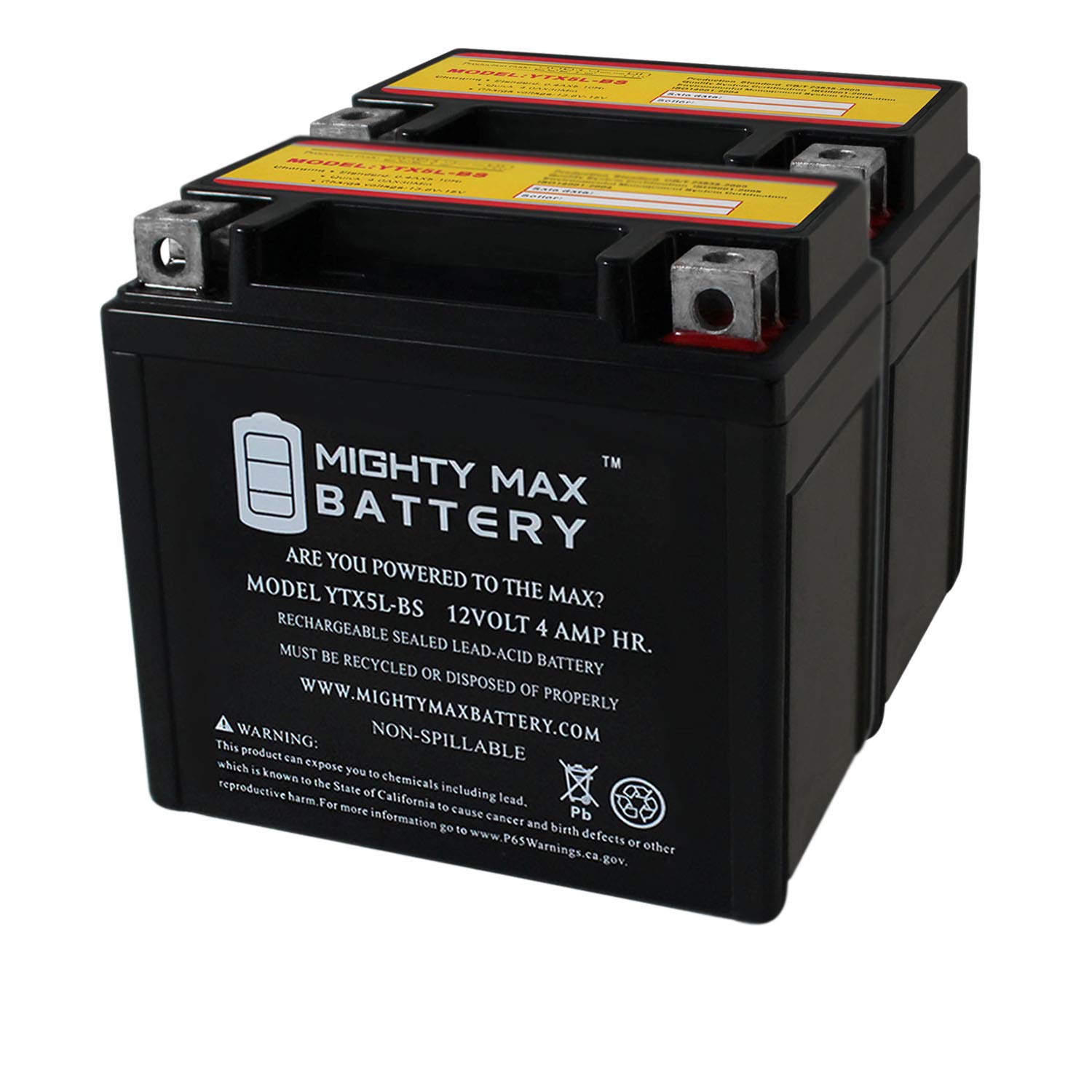 Ytx5L-Bs -12 Volt 4 Ah, 80 Cca, Rechargeable Maintenance Free Sla Agm Motorcycle Battery - 2 Pack