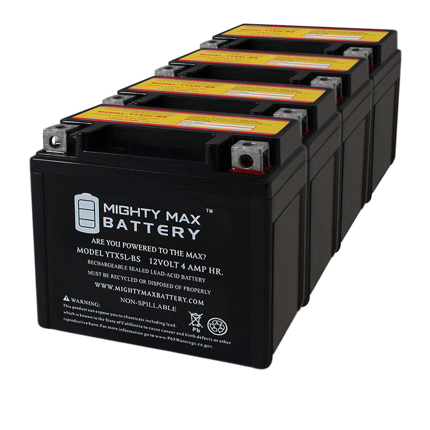 Ytx5L-Bs -12 Volt 4 Ah, 80 Cca, Rechargeable Maintenance Free Sla Agm Motorcycle Battery - 4 Pack