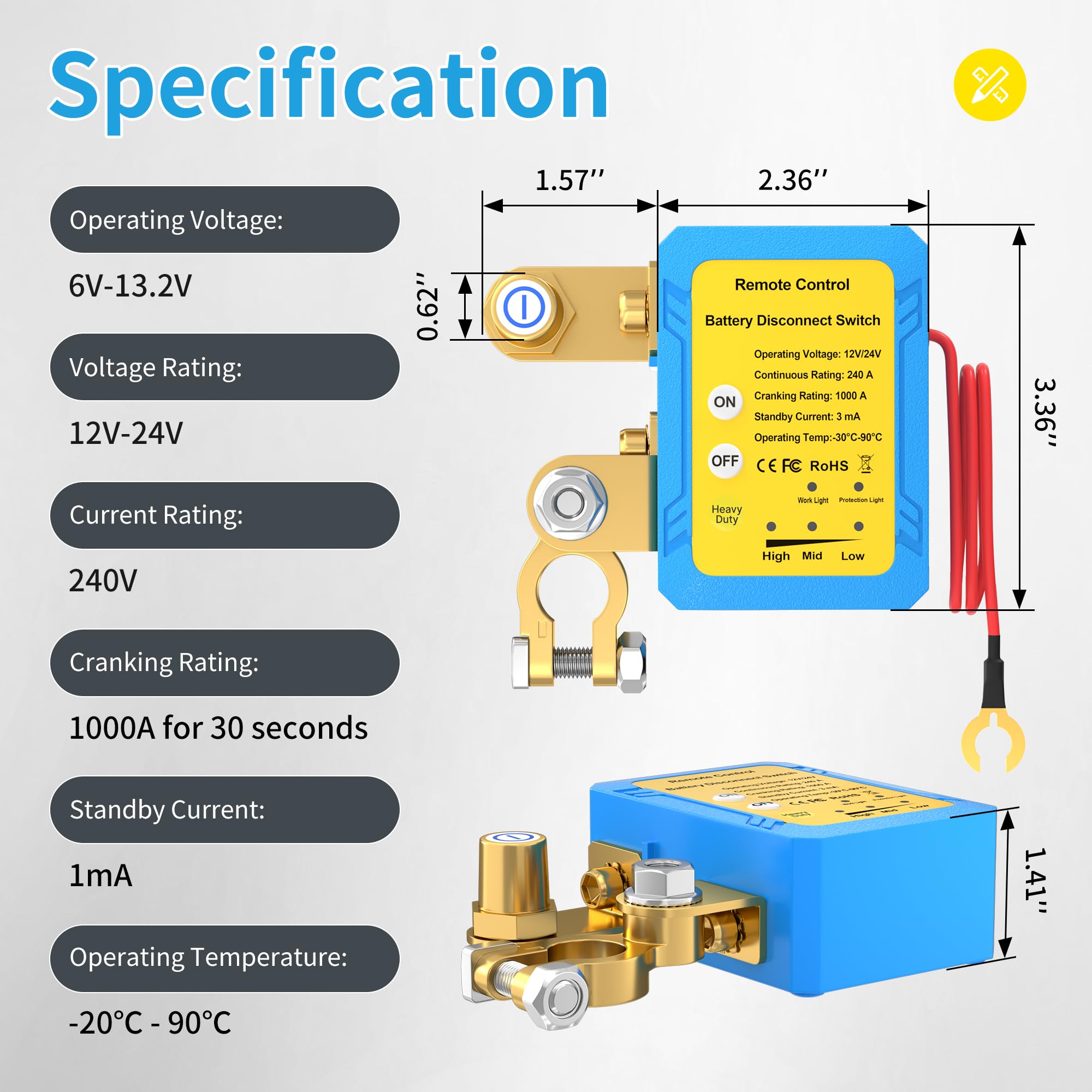 Joinfworld Kill Switch for Car 12V 240A Remote Battery Disconnect Switch Car Anti Theft Kill Switch Automatic Battery Shut Off S