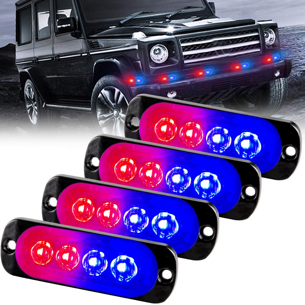 Sidaqi 4-Led Red&Blue Police Light,Surface Flash Mount Grille Emergency Strobe Lights Ultra Slim Warning Hazard Beacon Caution F