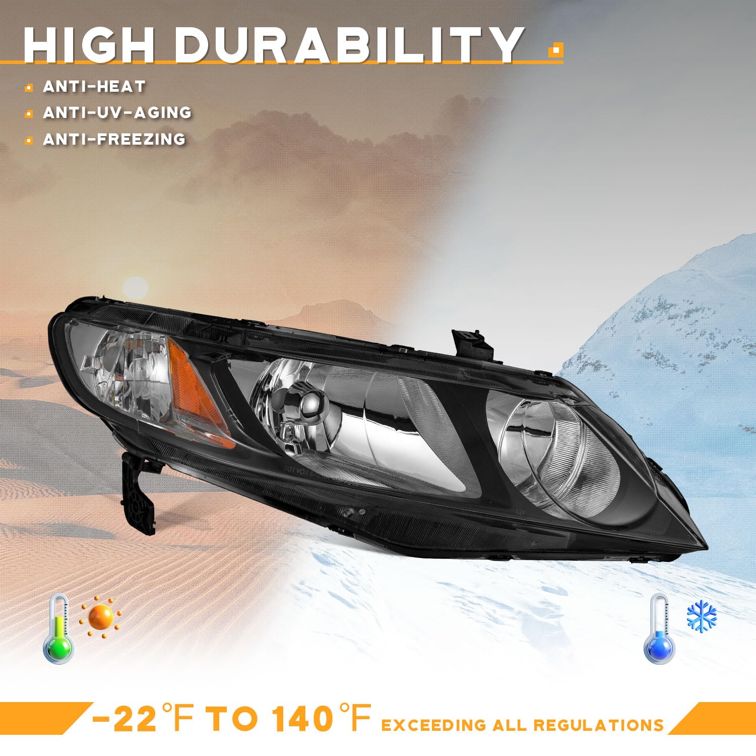 Weelmoto For 2006-2011 Honda Civic 4-Door Headlights Assembly Replacement For 2006 2007 2008 2009 2010 2011 Honda Civic 4-Door Headlight Pair Headlamp Replacement Chrome Housing Amber Reflector