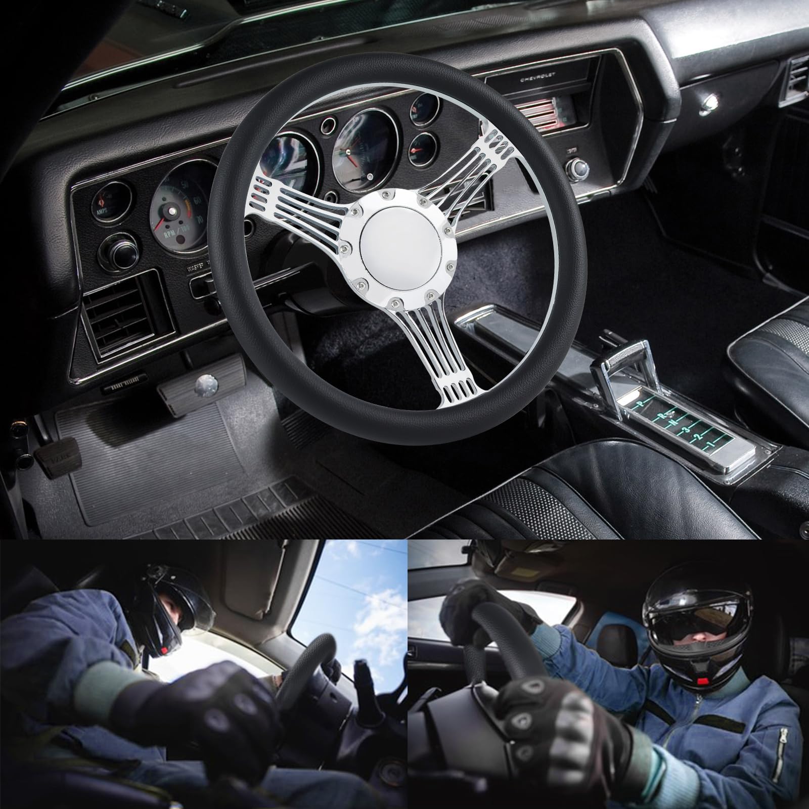 QYMOPAY 9 Bolt Disc Steering Wheel, 14'''' Leather billet steering wheel, fits most 1967-94 9 hole Car Steering Wheels