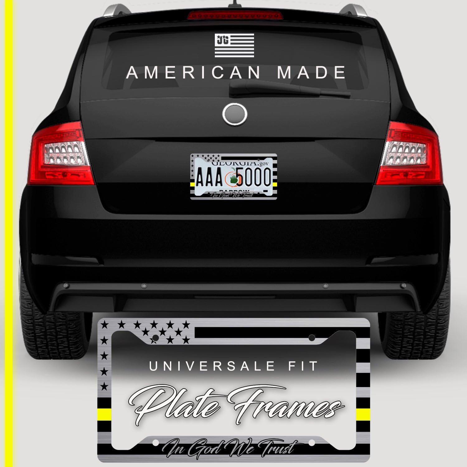 American Flag In God We Trust License Plate Frame + Silver Line Coasters + Keychain - Perfect For God And Country Lovers - Tacti