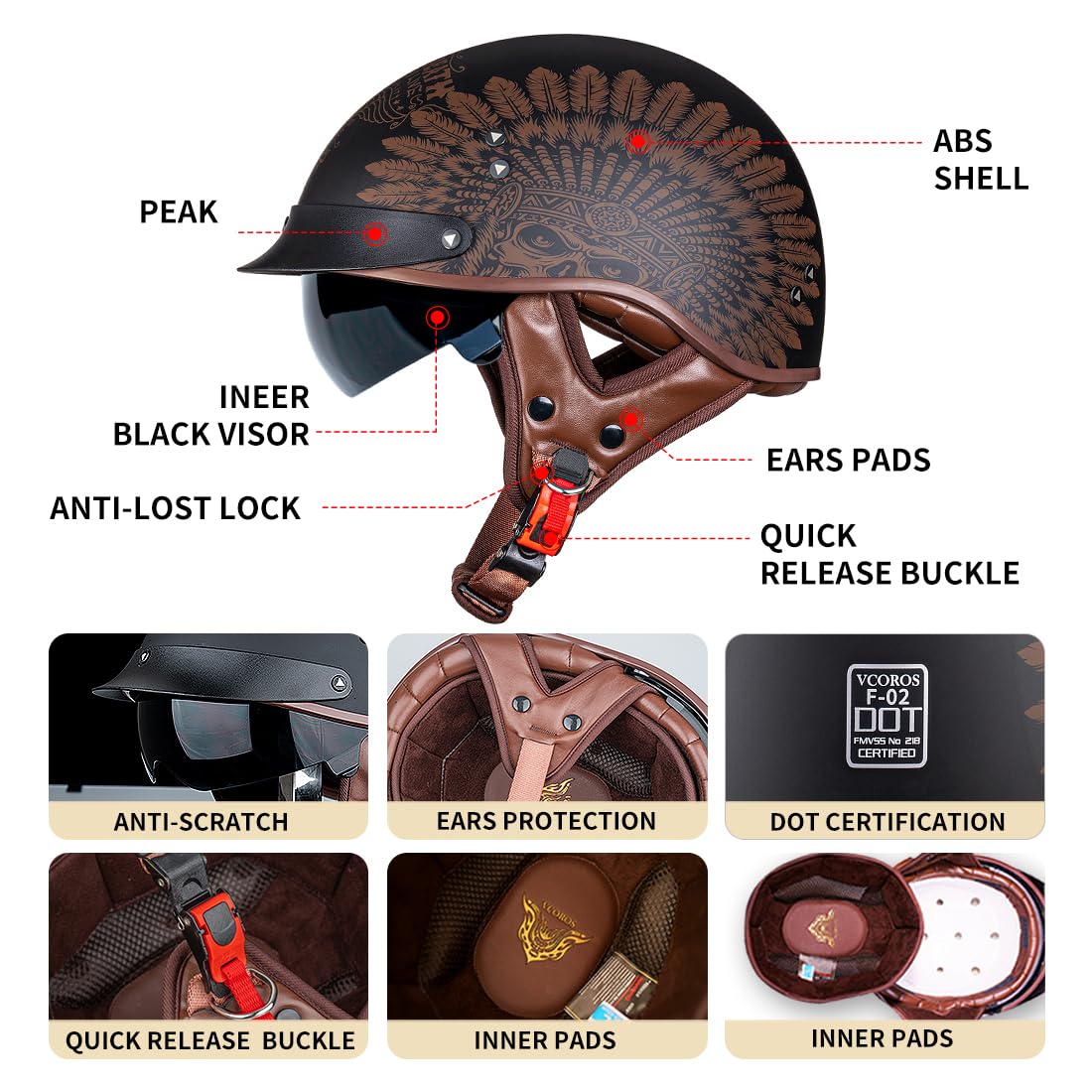 Motorcycle Half Helmet Sun Visor Quick Release Buckle Dot Approved Half Face Helmets For Men Women (F02-Indian, M)