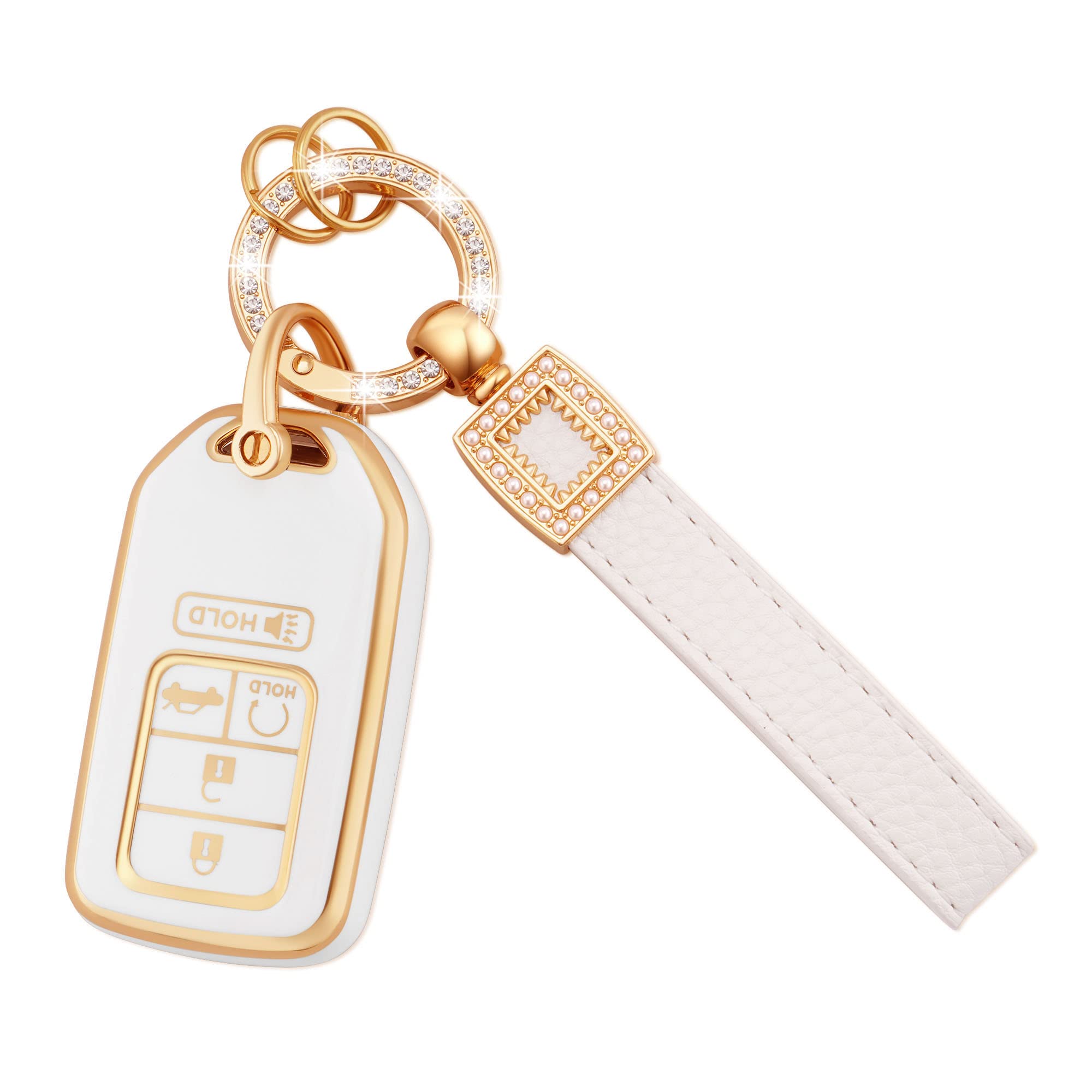 EKALA Honda Key Fob Cover with Leather Keychain, White, Compatible with Accord Civic CR-V Odyssey Pilot Key Fob