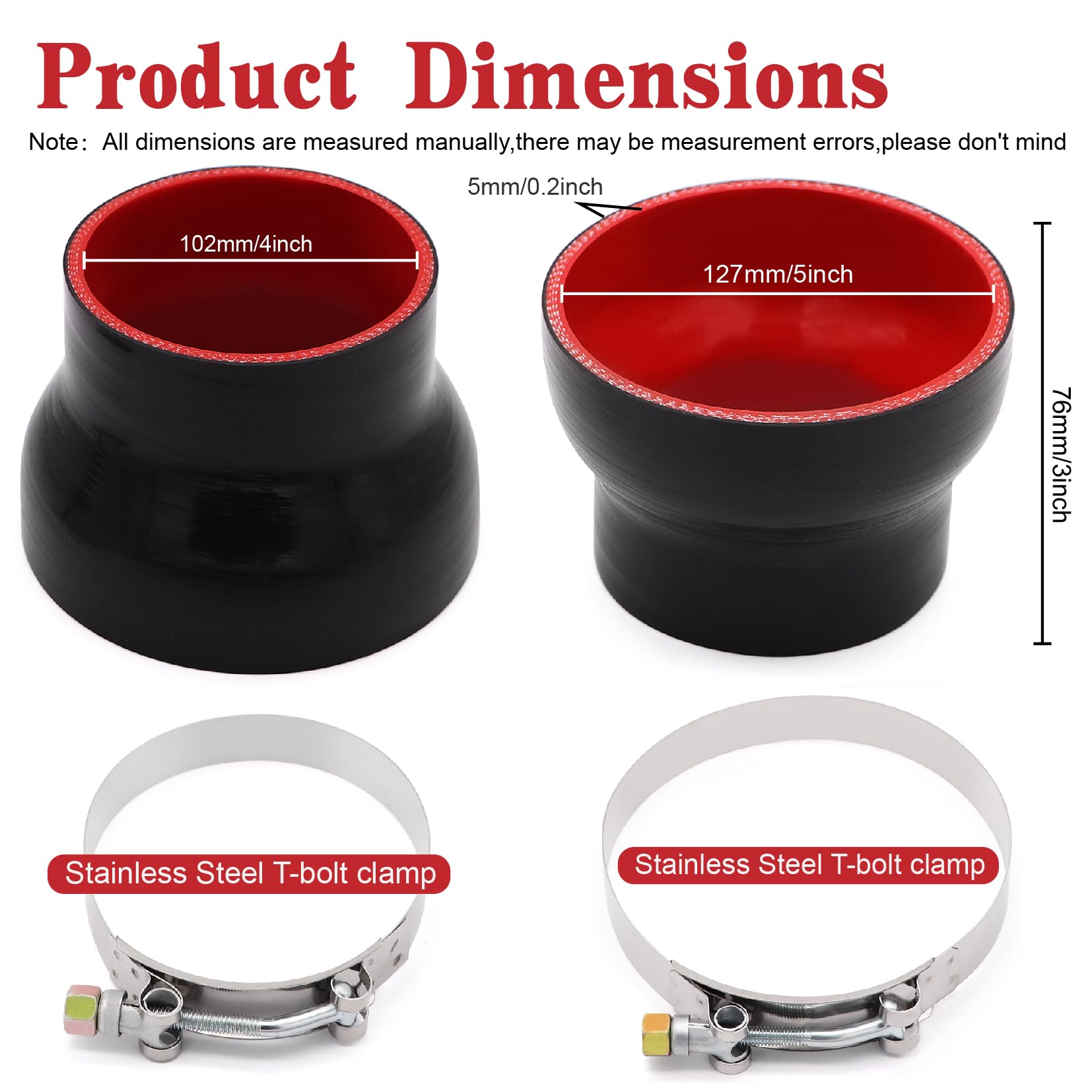 Taukealugs Straight Reducer Coupler Silicone Hose ID 4-inch to 5-inch 4-Ply with Stainless Steel T-Bolt Clamp for Automotive Tur