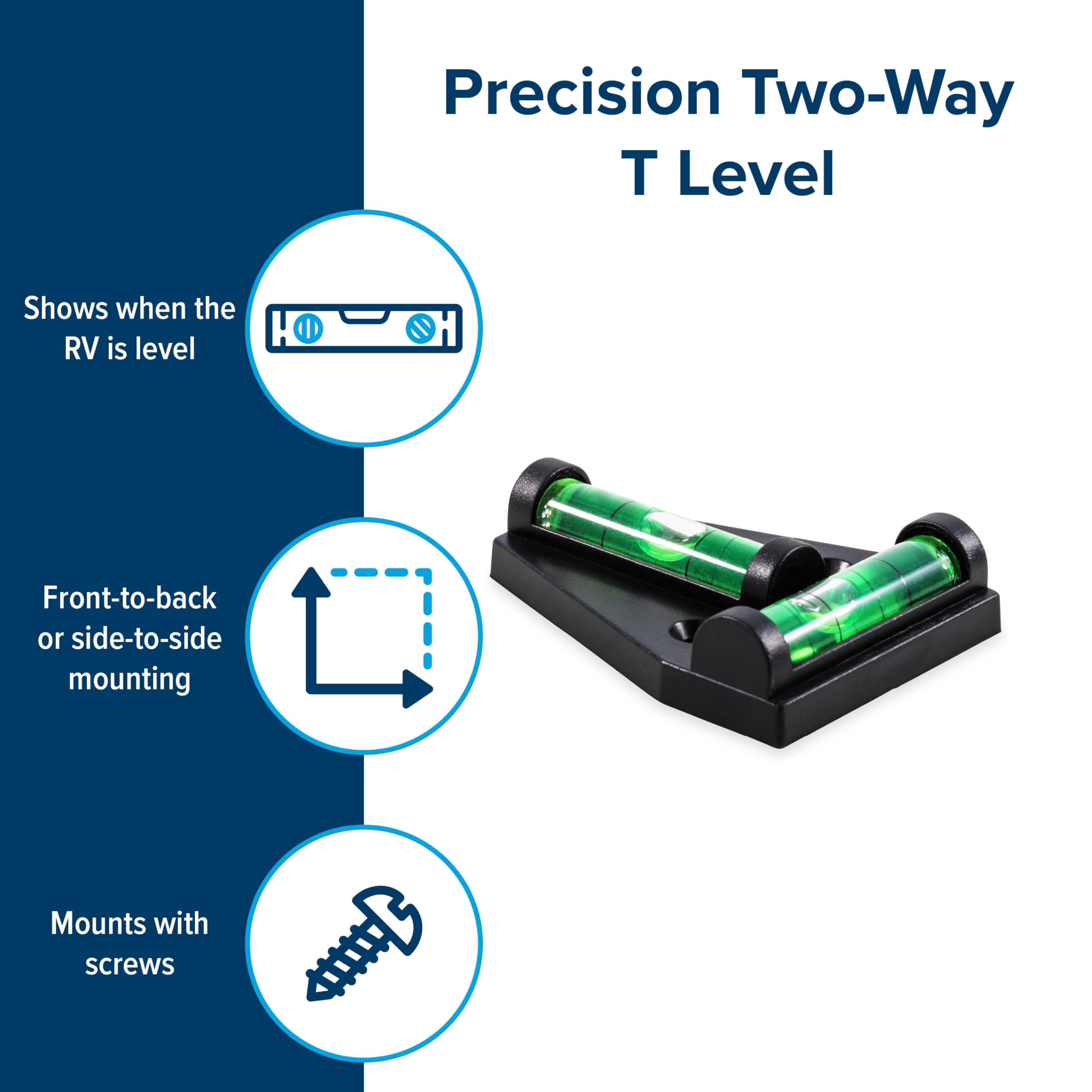 Camco Camper/RV T Level - Features Front to Back/Side to Side RV Leveling - Easy Install w/Screws or Adhesive Tape - Measures 1.
