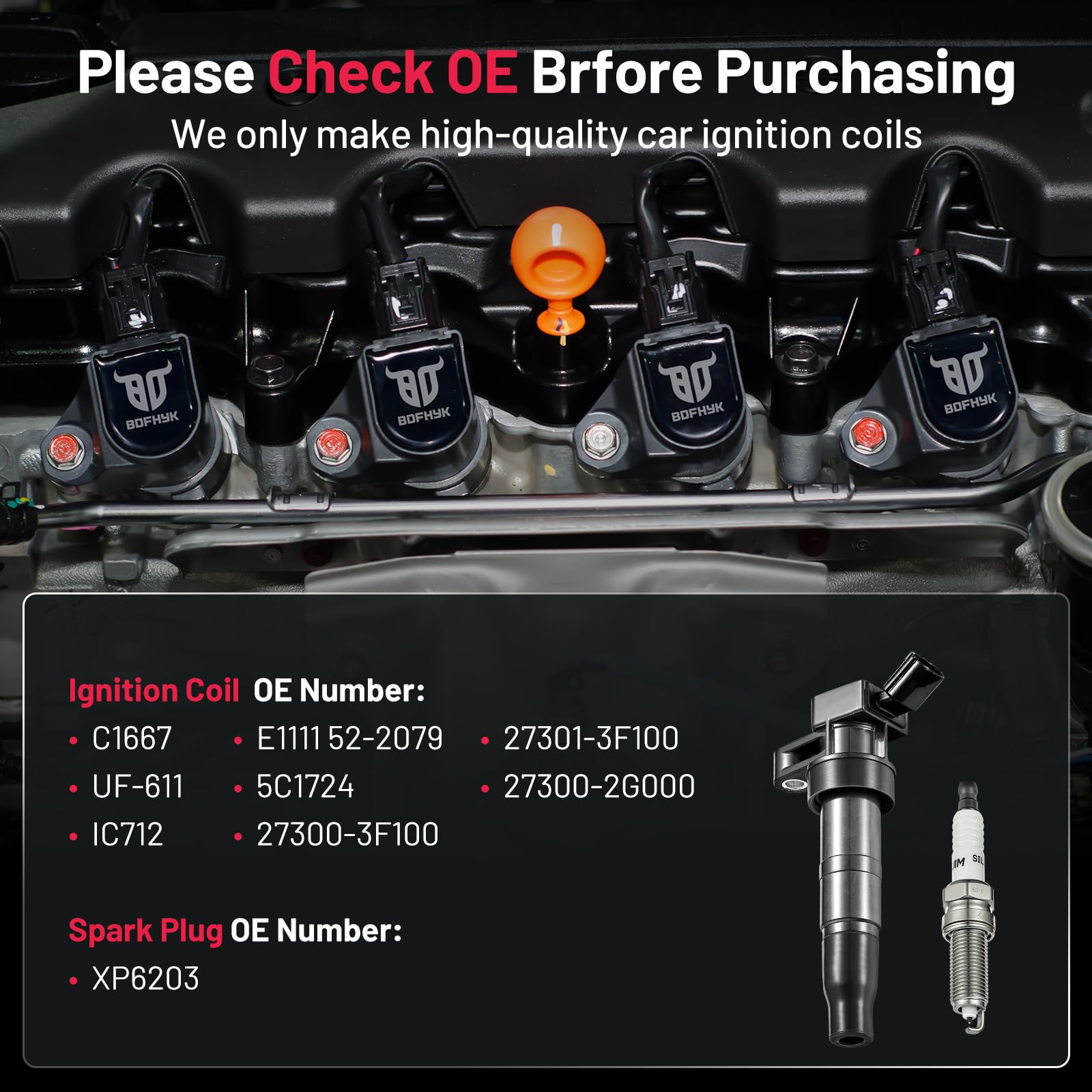 BDFHYK Ignition Coils UF611 and Iridium Spark Plug XP6203 Compatible with Hyundai Equus Genesis Sonata Tucson Kia Borrego K900 O