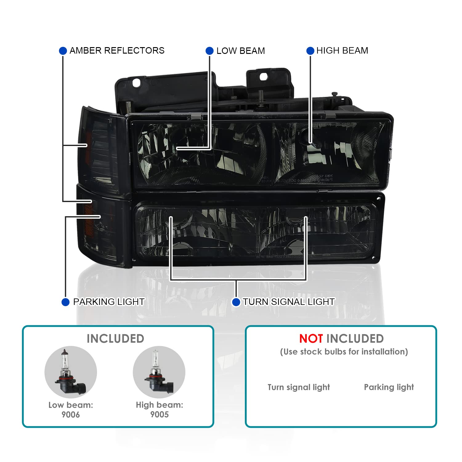 Spec-D Tuning Smoke Lens Headlights + Bumper Lights + Corner Lamps Compatible With 1994-1998 Gmc C10 Pickup Sierra Suburban Left