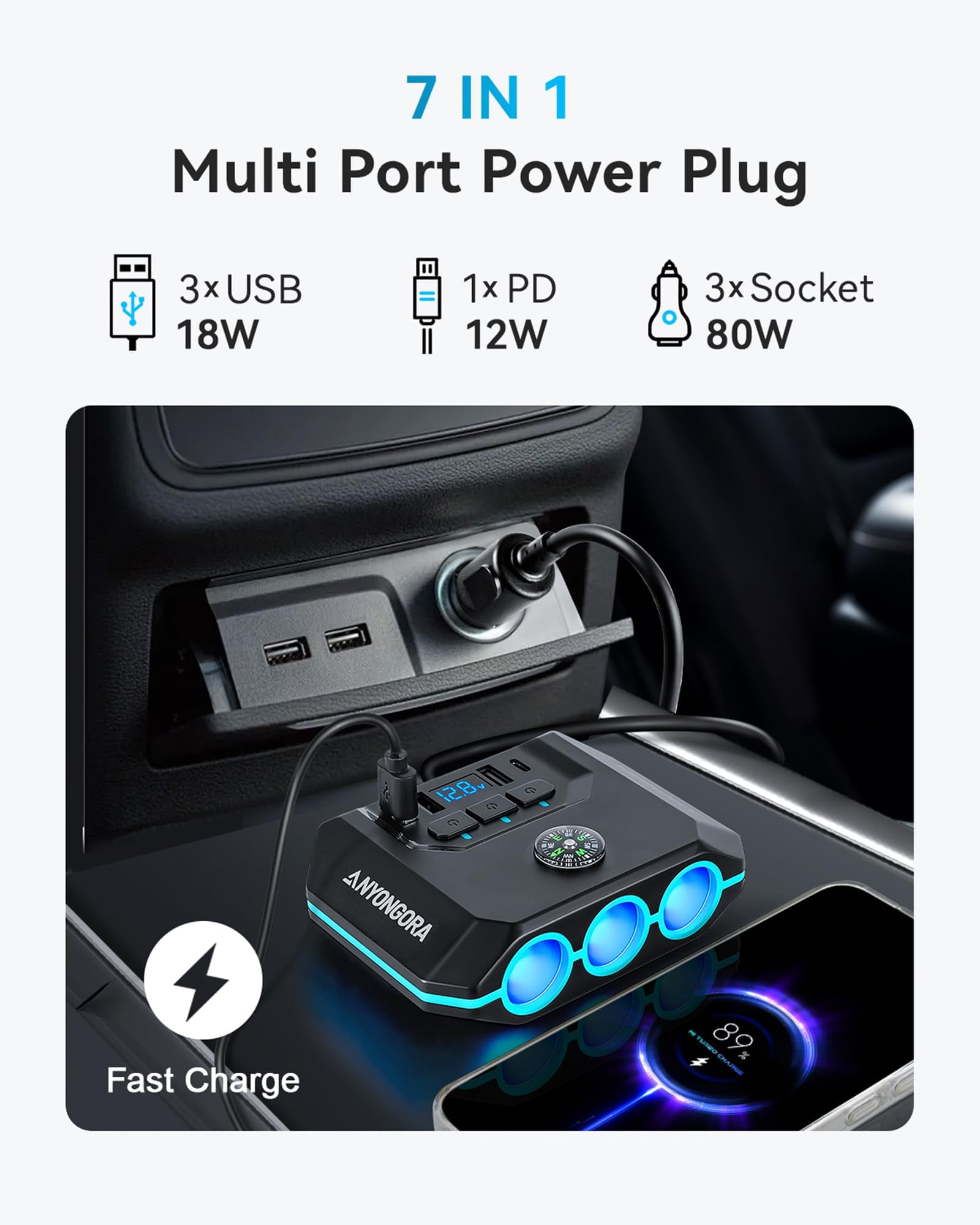 Anyongora Cigarette Lighter Splitter, 120W Car Charger Adapter with USB & PD, 7 in 1 Multi Port Power Plug with Independent Swit