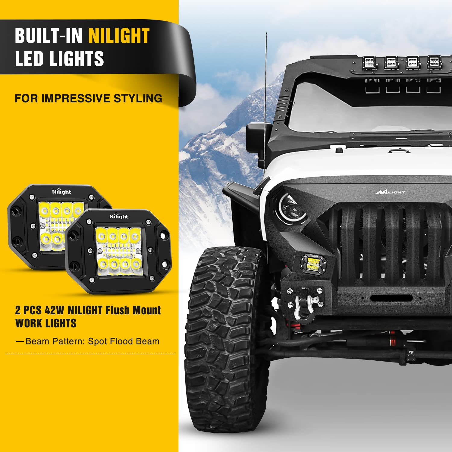Nilight Front Bumper Grill For 2007-2015 2016 2017 2018 Wrangler Jk&Unlimited 2/4 Doors With Winch Plate 2X42W Led Work Light Po